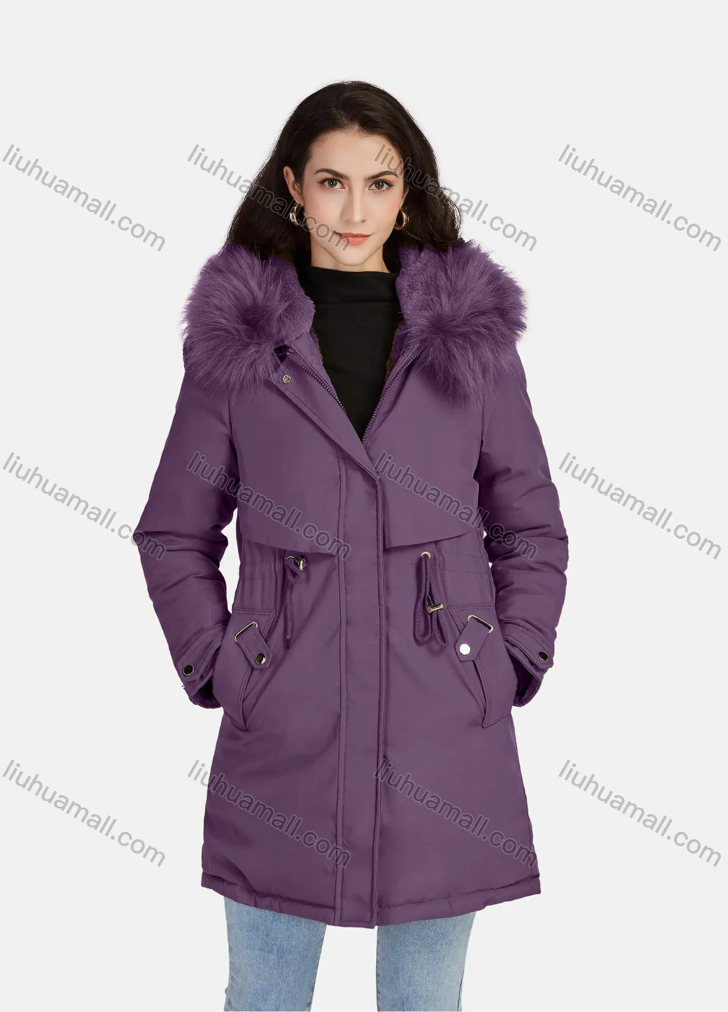 Wholesale Women's Casual Plain Zipper Drawstring Pockets Fluff Hooded Parka - Liuhuamall