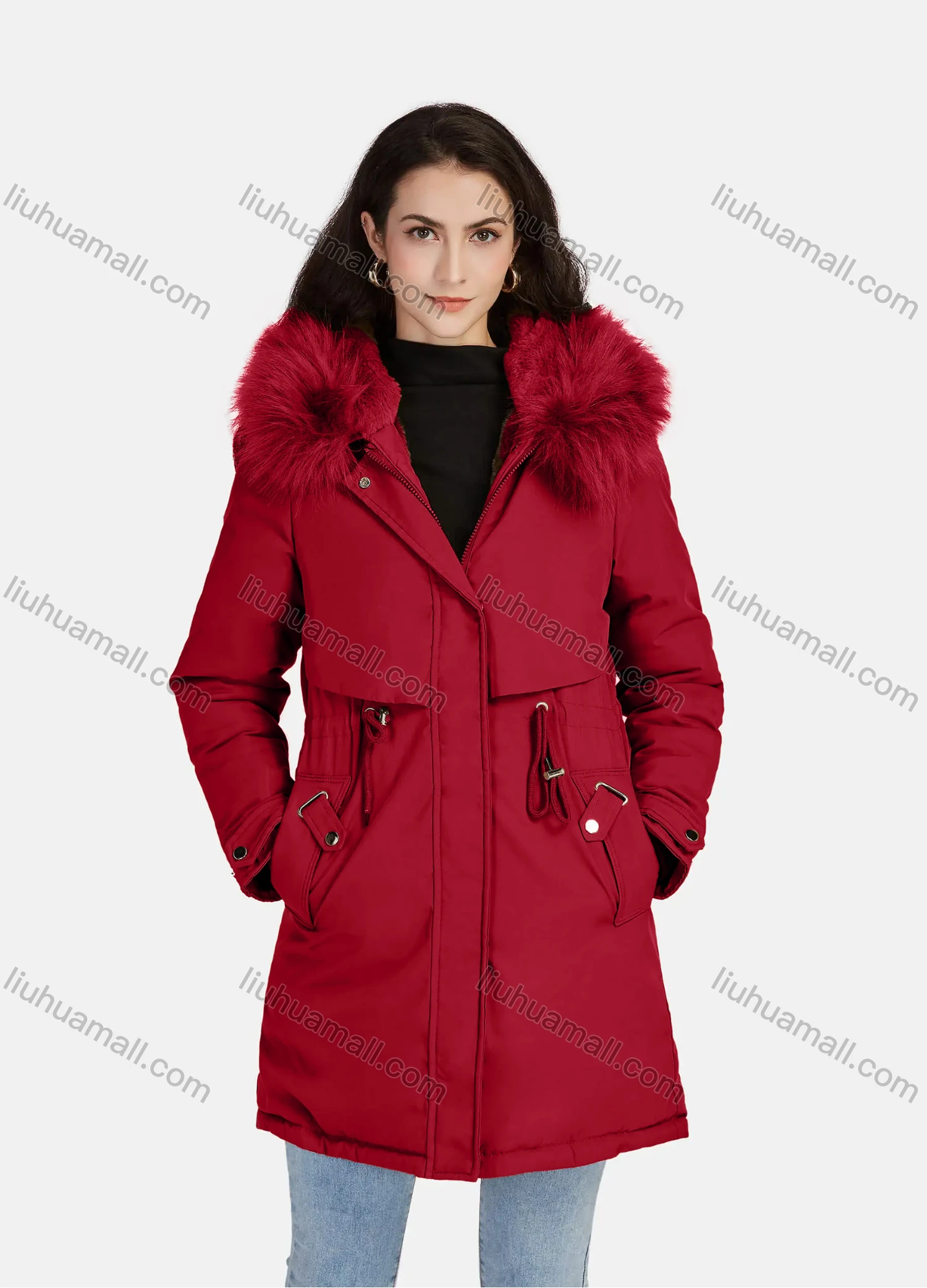 Wholesale Women's Casual Plain Zipper Drawstring Pockets Fluff Hooded Parka - Liuhuamall