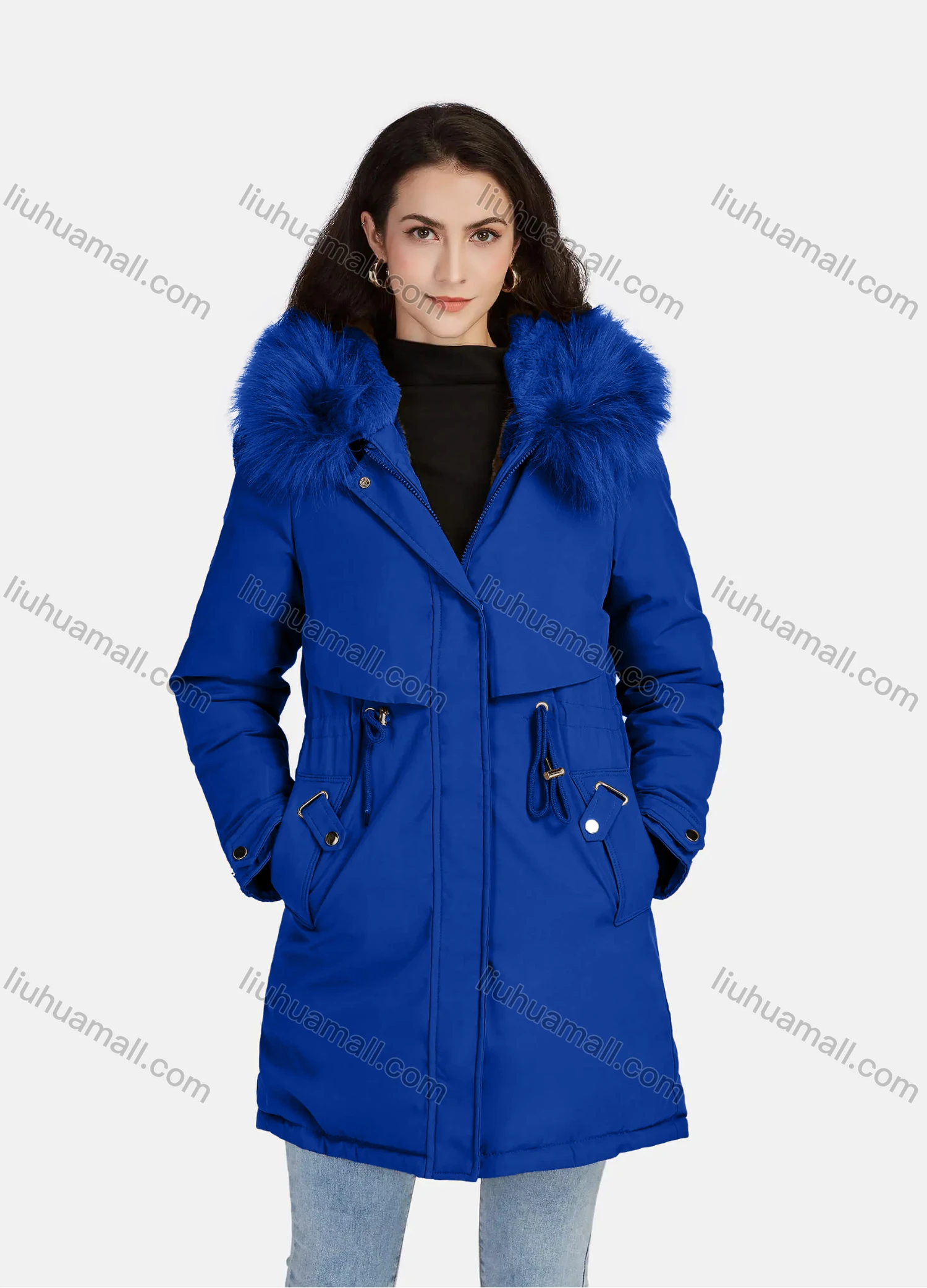 Wholesale Women's Casual Plain Zipper Drawstring Pockets Fluff Hooded Parka - Liuhuamall