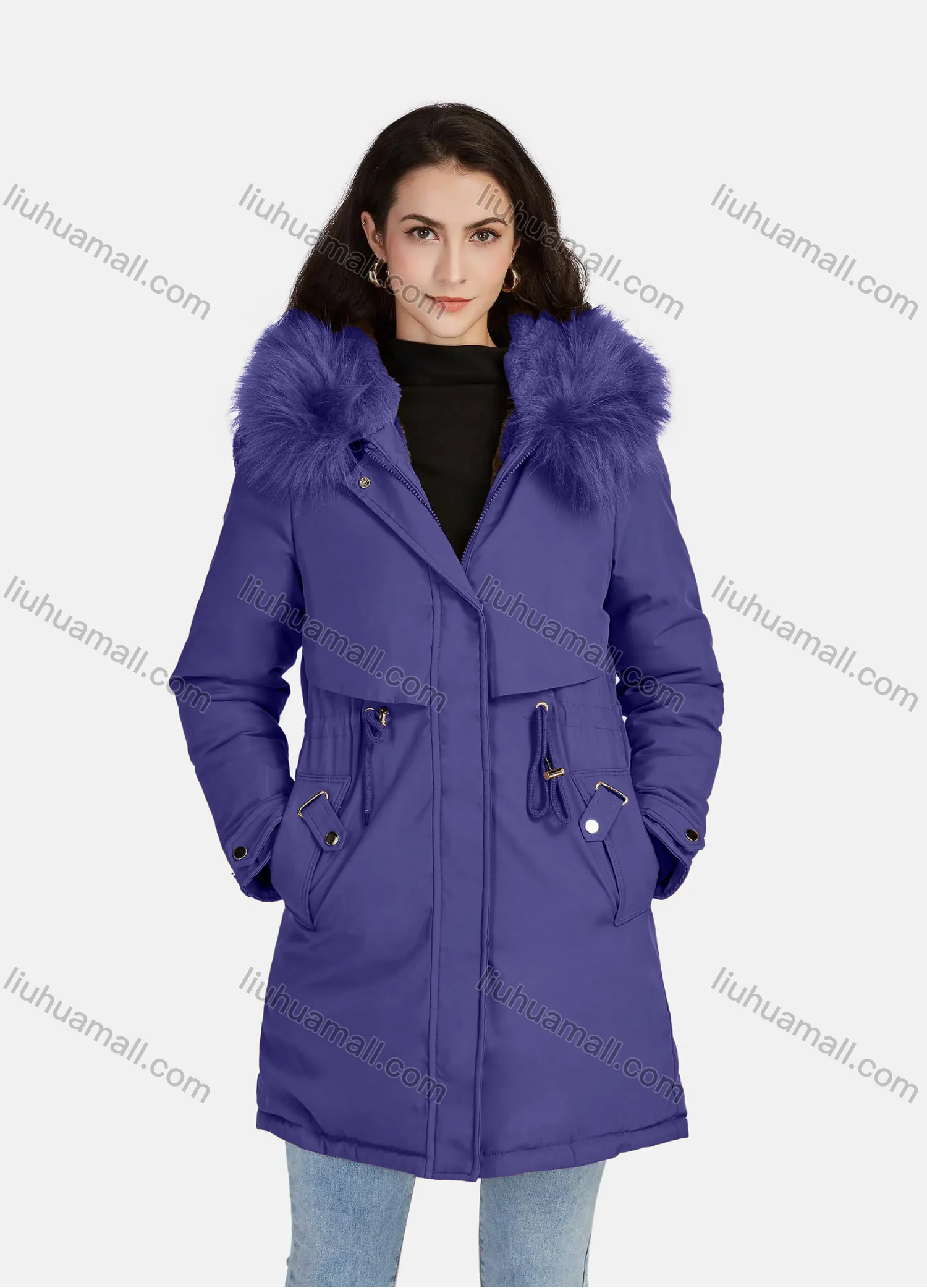 Wholesale Women's Casual Plain Zipper Drawstring Pockets Fluff Hooded Parka - Liuhuamall