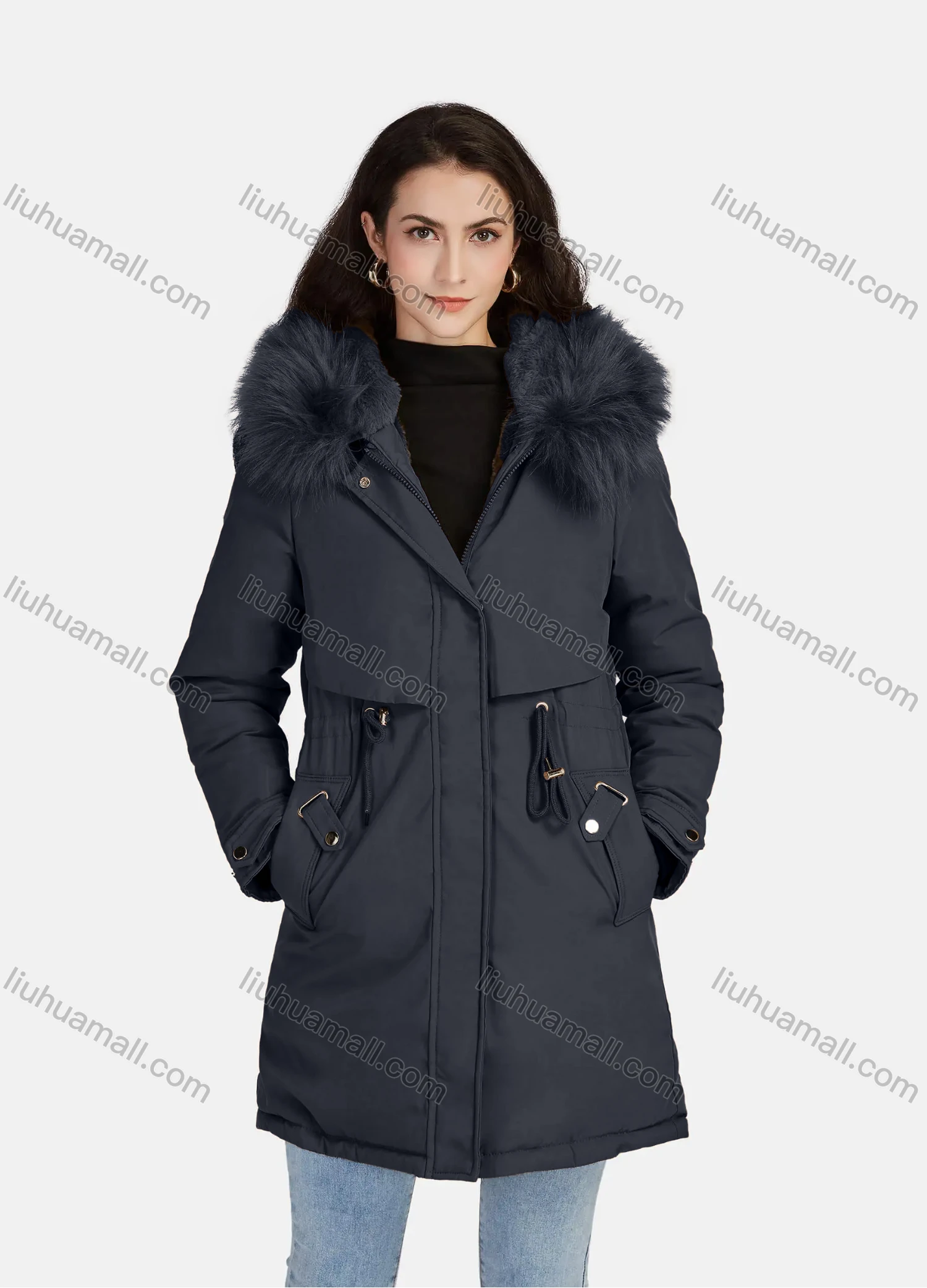 Wholesale Women's Casual Plain Zipper Drawstring Pockets Fluff Hooded Parka - Liuhuamall