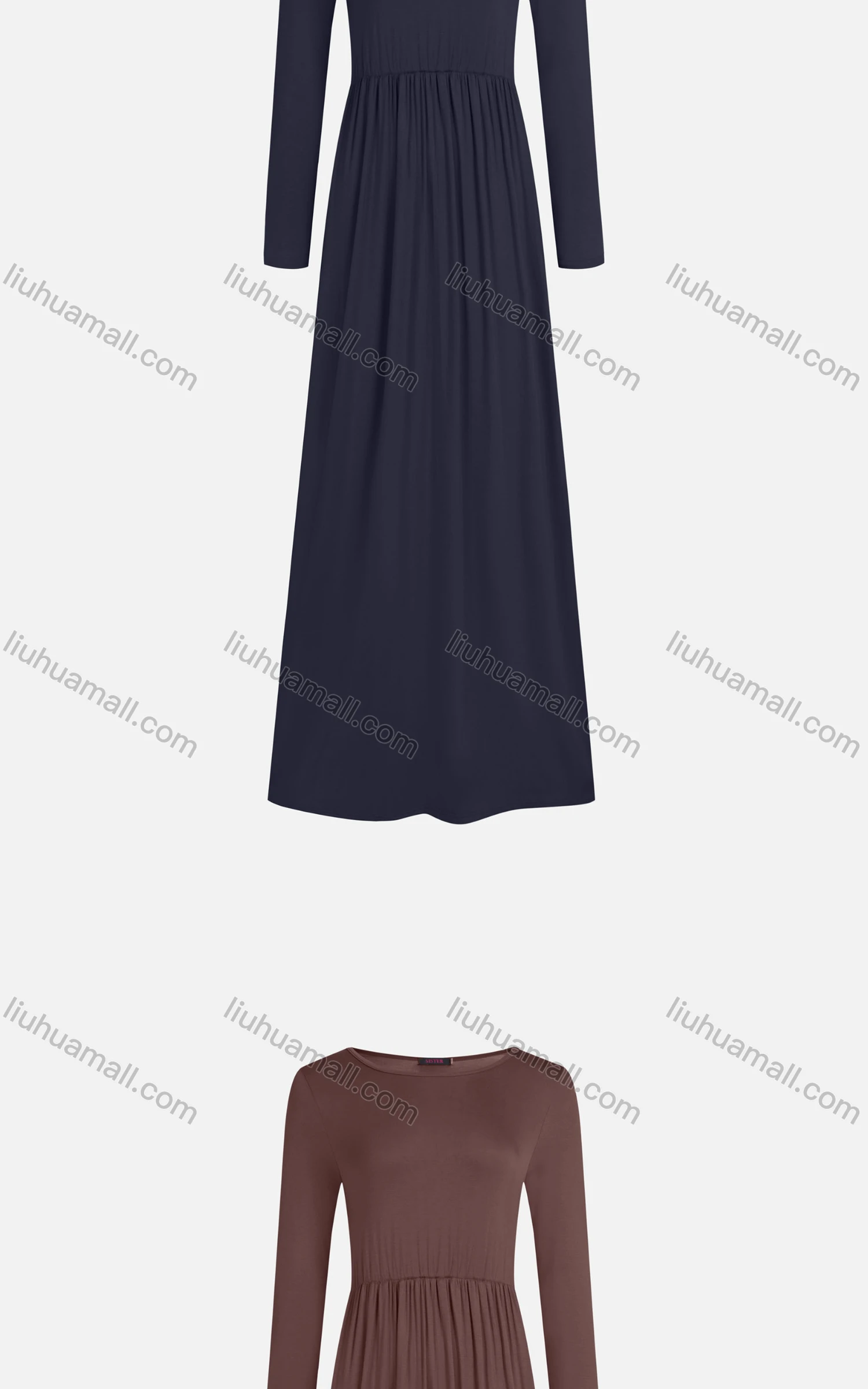 Wholesale Women's Casual Plain 100%Cotton Crew Neck Long Sleeve Slim Fit Maxi Tee Dress 1000# - Liuhuamall