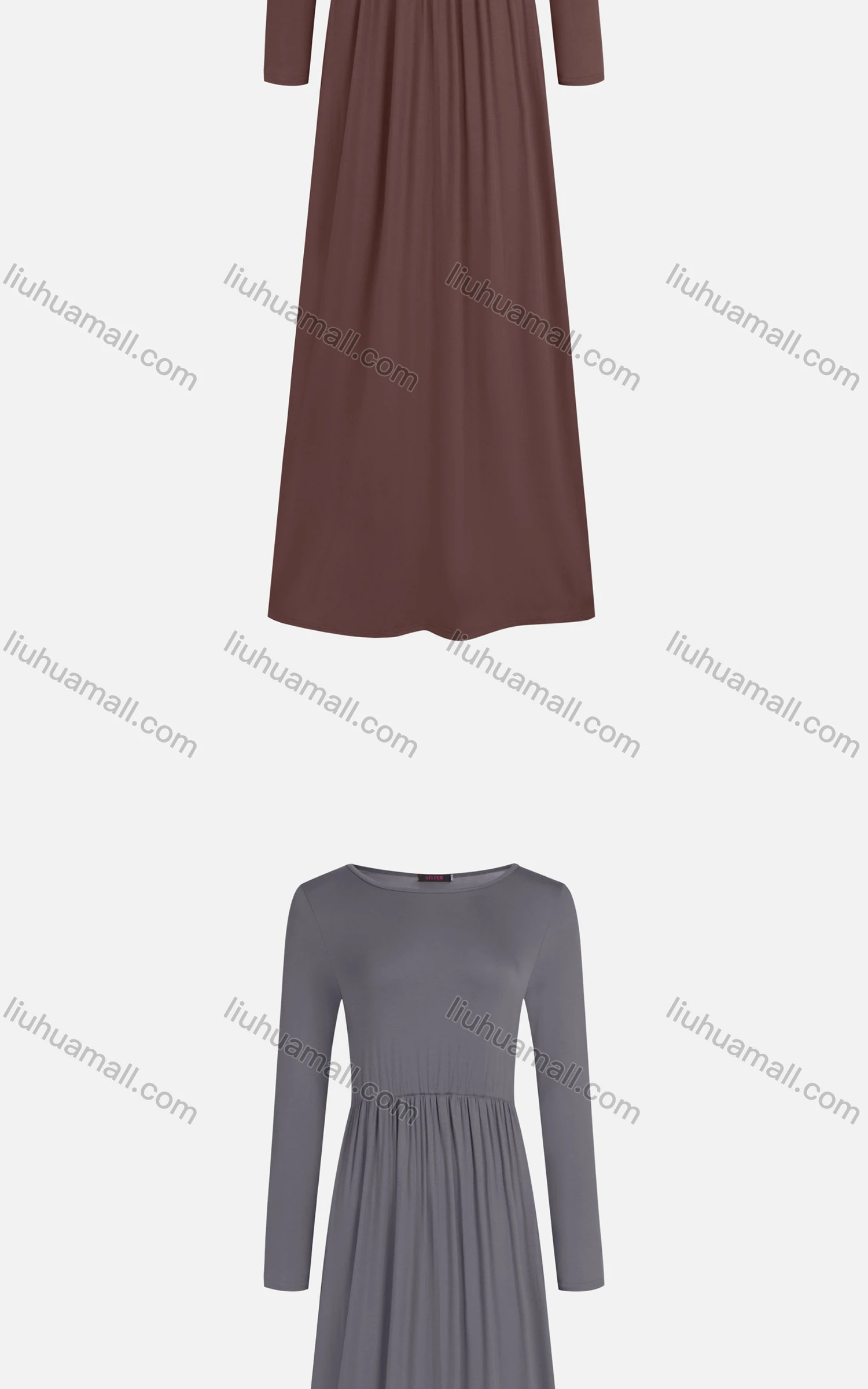 Wholesale Women's Casual Plain 100%Cotton Crew Neck Long Sleeve Slim Fit Maxi Tee Dress 1000# - Liuhuamall