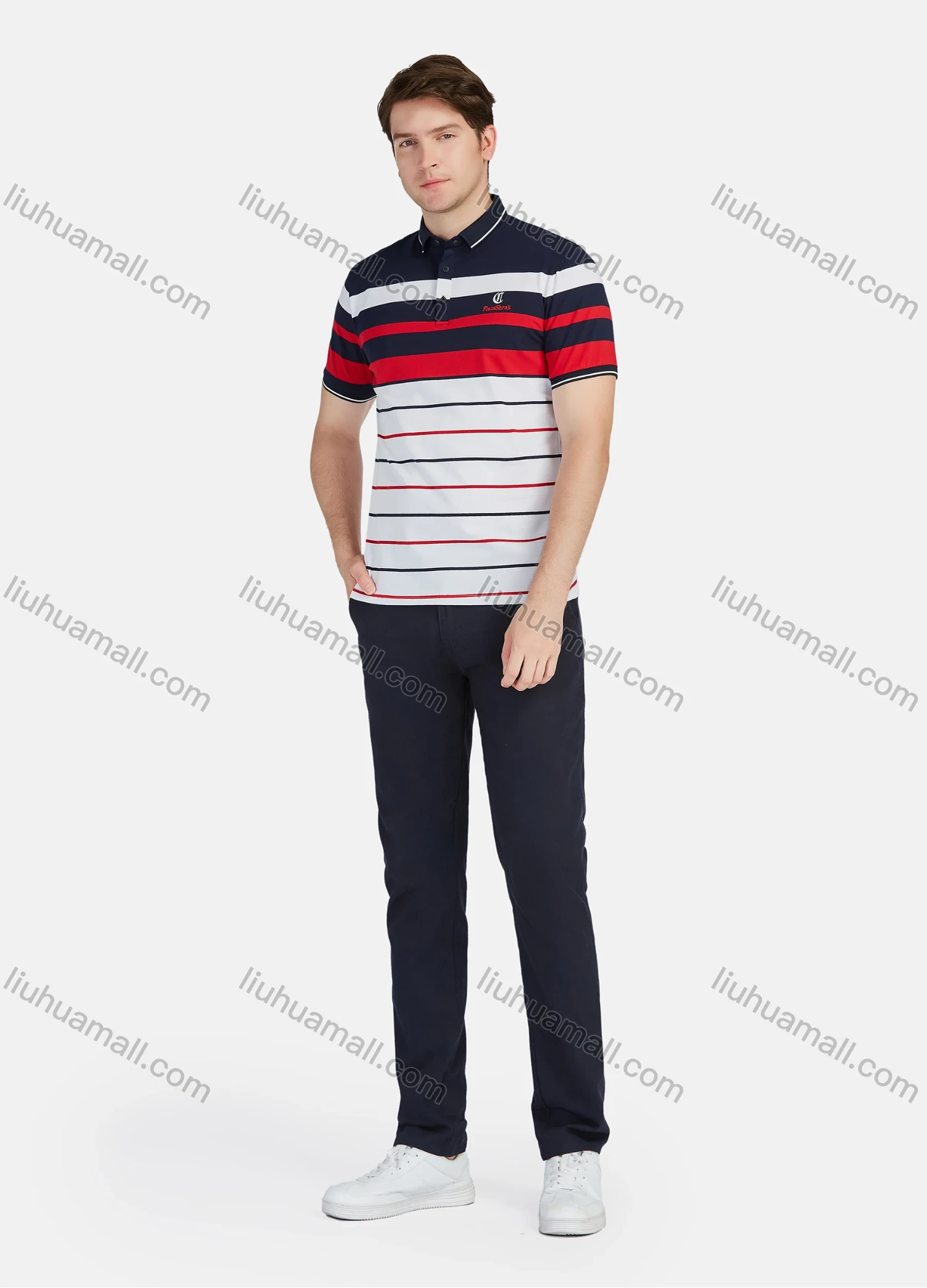 Wholesale Men's Casual 100% Cotton Striped Colorblock Short Sleeve Polo Shirts 22003# - Liuhuamall