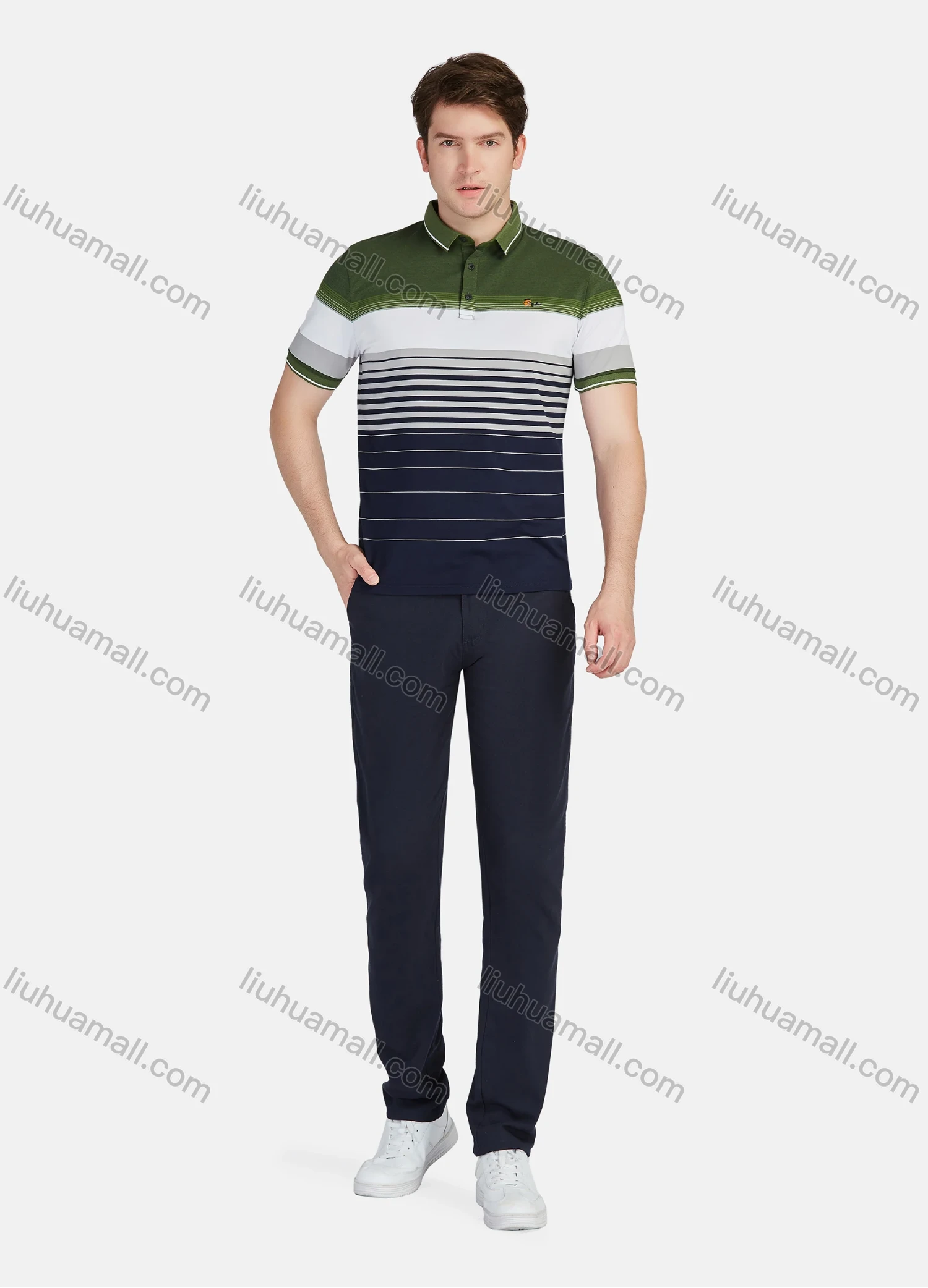 Wholesale Men's Casual 100% Cotton Striped Colorblock Short Sleeve Polo Shirts 22020# - Liuhuamall