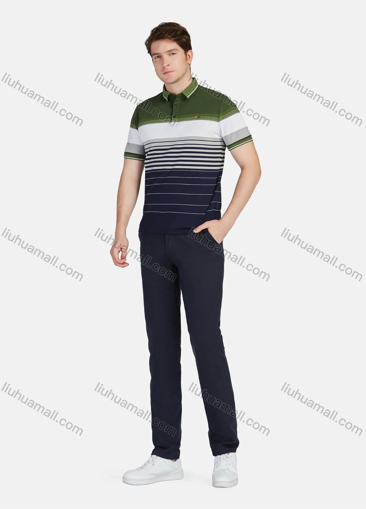 Wholesale Men's Casual 100% Cotton Striped Colorblock Short Sleeve Polo Shirts 22020# - Liuhuamall