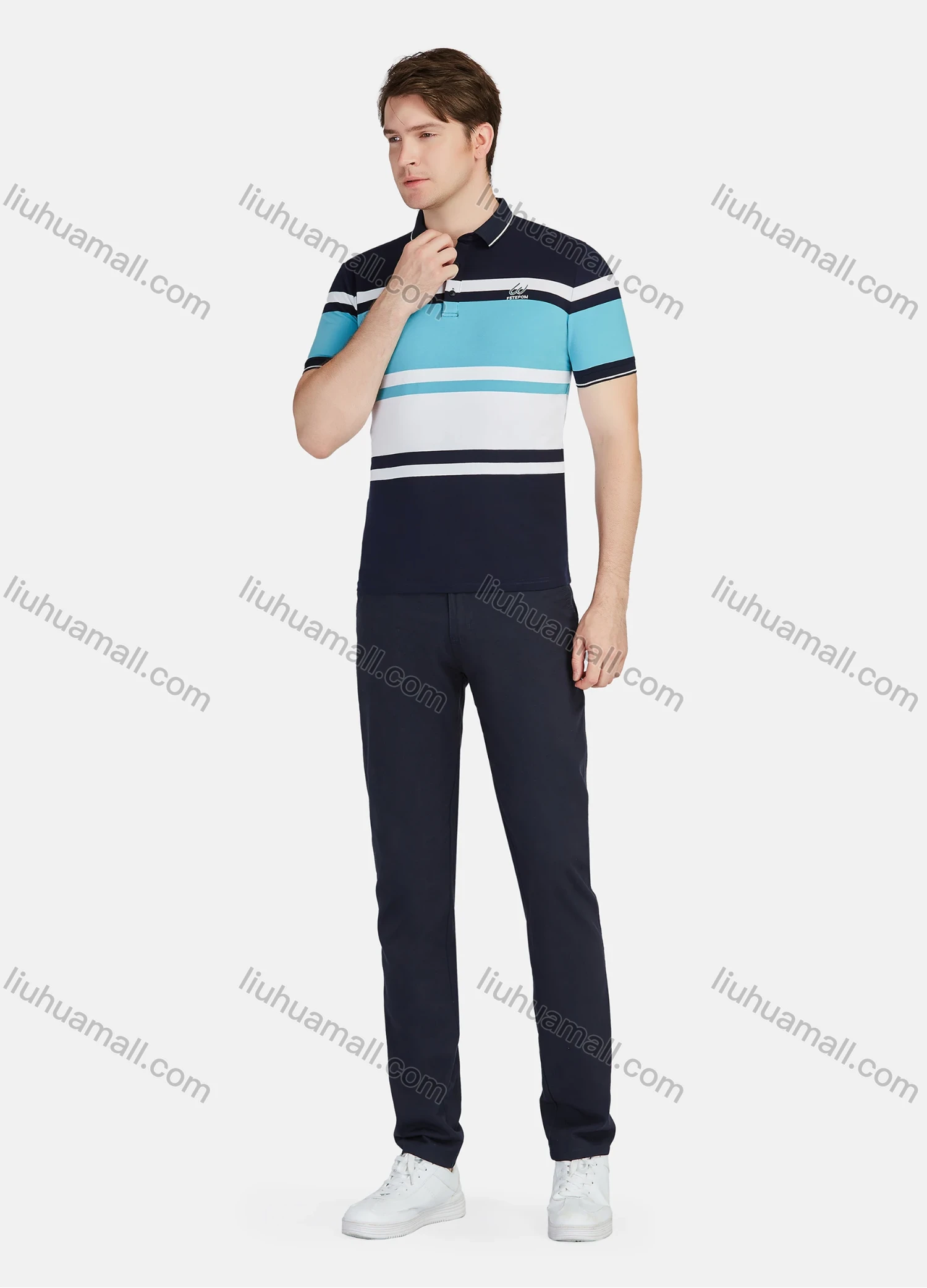 Wholesale Men's Casual 100% Cotton Striped Colorblock Short Sleeve Polo Shirts 22078# - Liuhuamall
