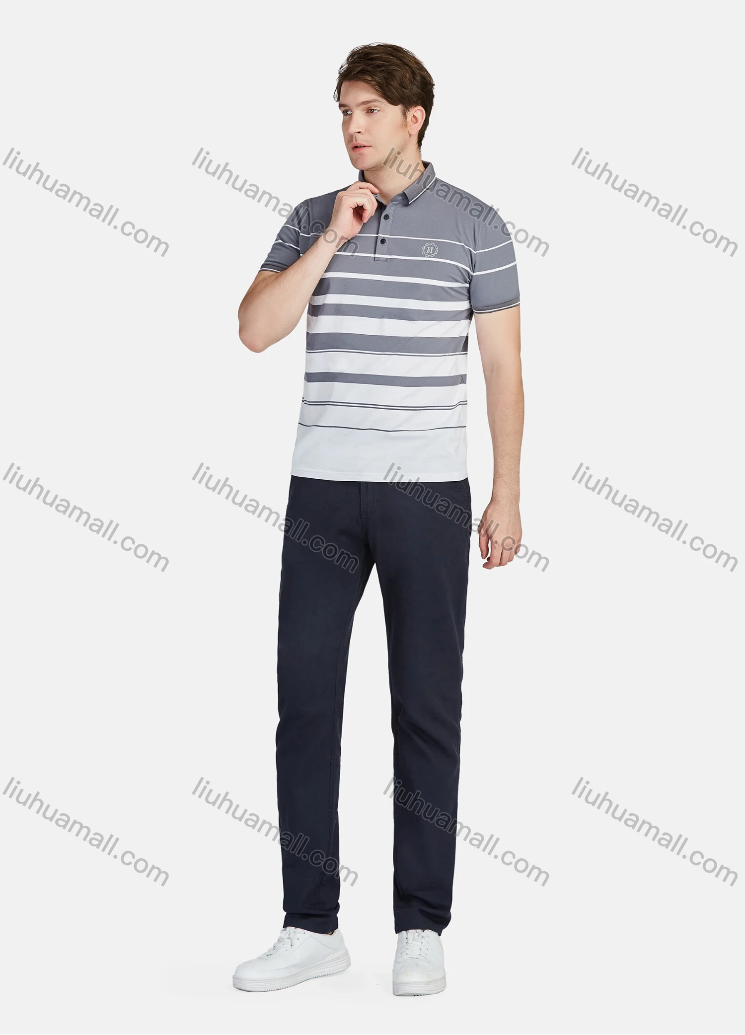 Wholesale Men's Casual 100% Cotton Striped Colorblock Short Sleeve Polo Shirts 22008# - Liuhuamall
