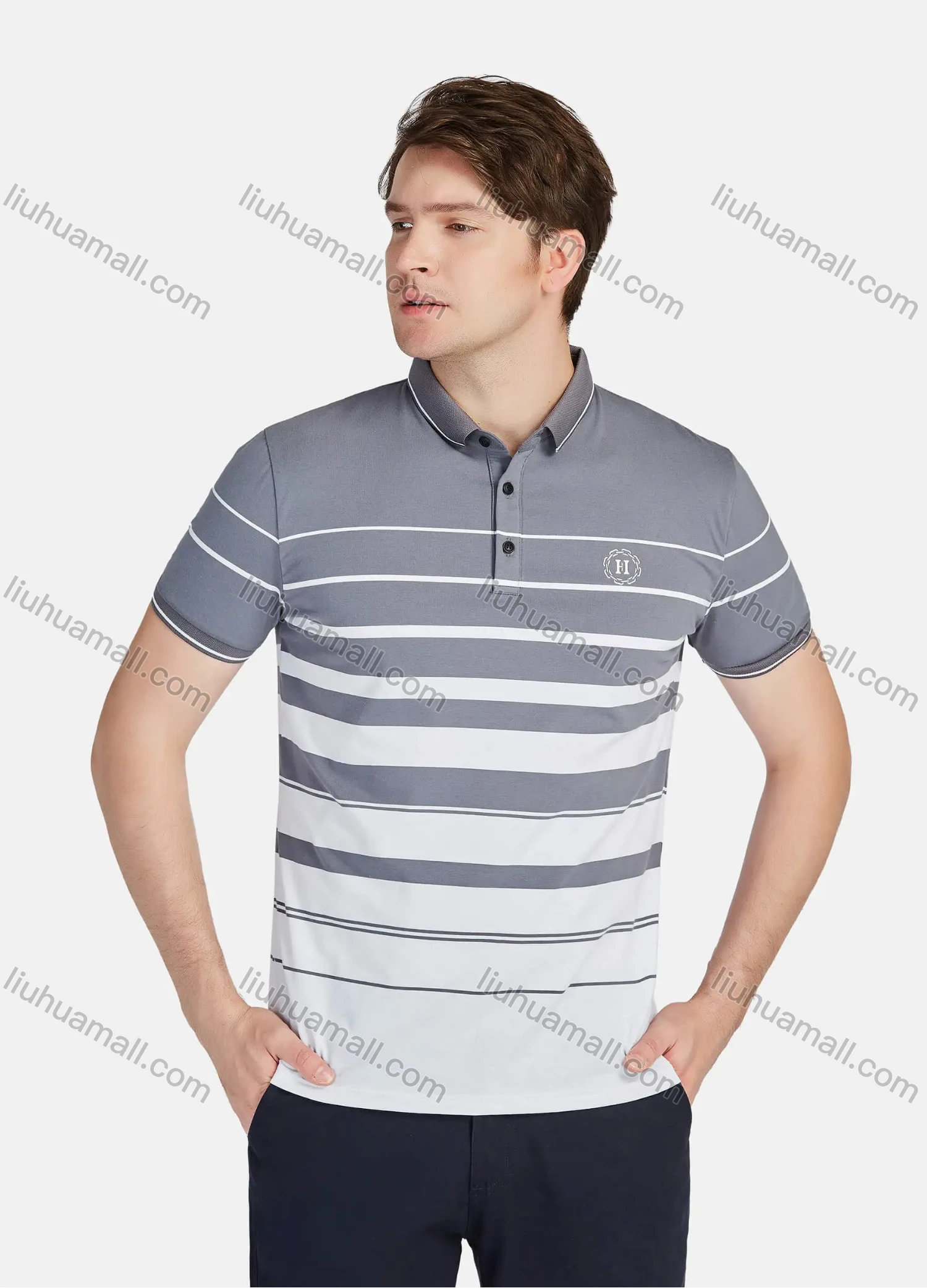 Wholesale Men's Casual 100% Cotton Striped Colorblock Short Sleeve Polo Shirts 22008# - Liuhuamall