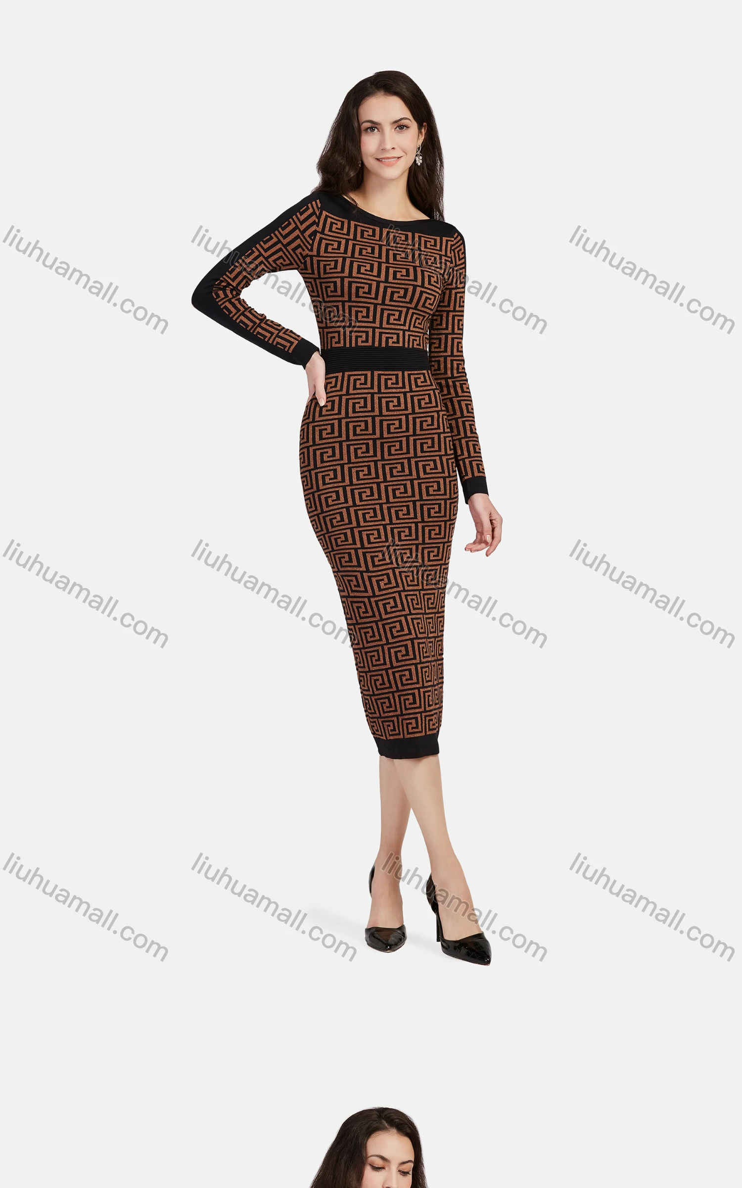 Wholesale Women's Business Crew Neck Long Sleeve Peplum Greek Key Midi Dress 1201# - Liuhuamall