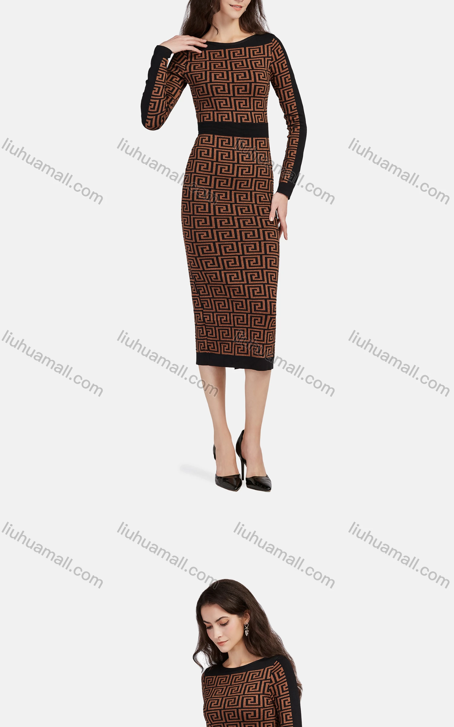 Wholesale Women's Business Crew Neck Long Sleeve Peplum Greek Key Midi Dress 1201# - Liuhuamall