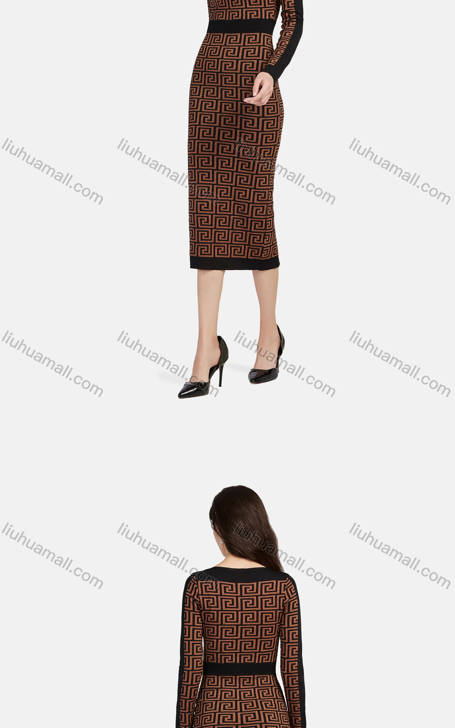Wholesale Women's Business Crew Neck Long Sleeve Peplum Greek Key Midi Dress 1201# - Liuhuamall