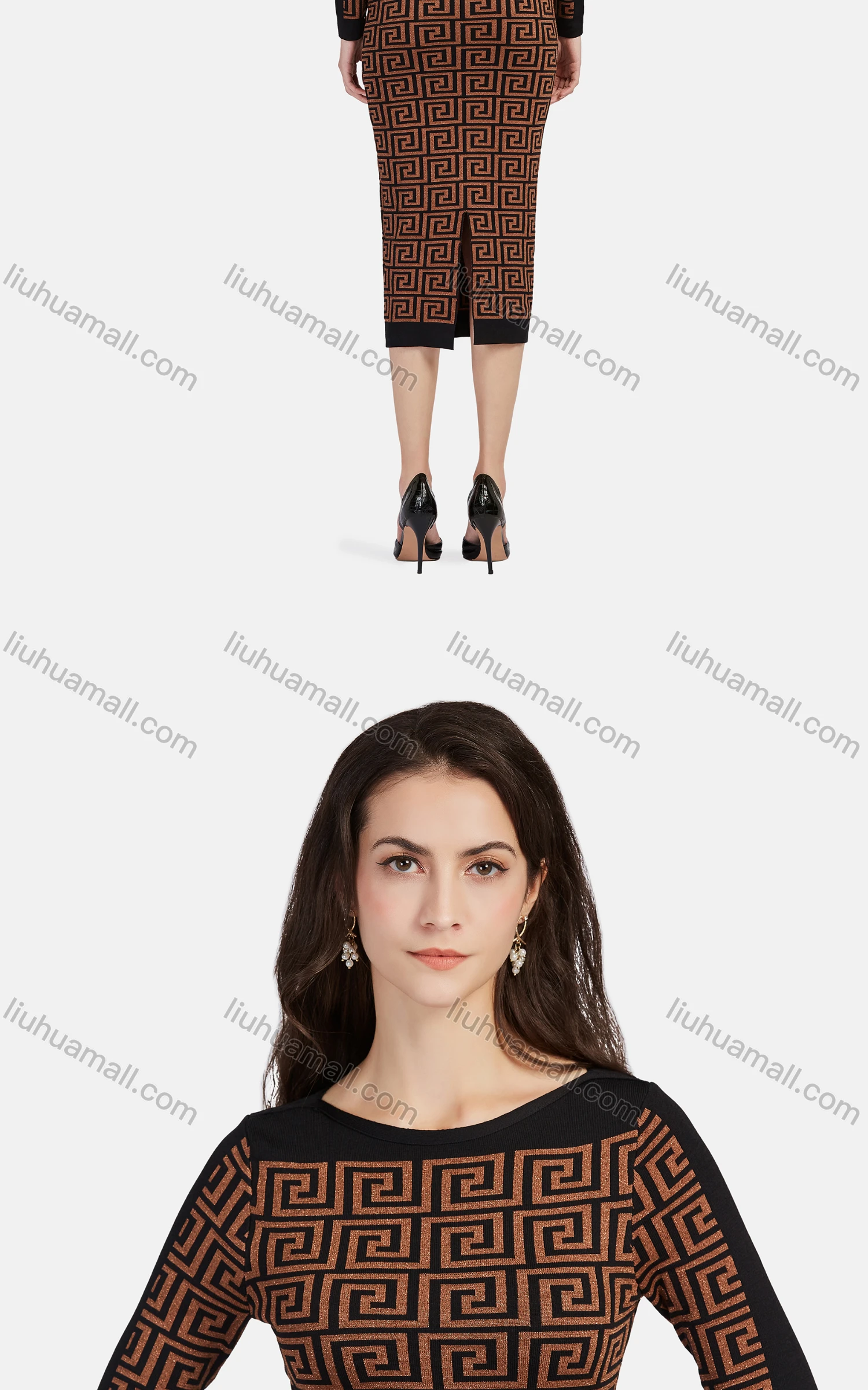 Wholesale Women's Business Crew Neck Long Sleeve Peplum Greek Key Midi Dress 1201# - Liuhuamall