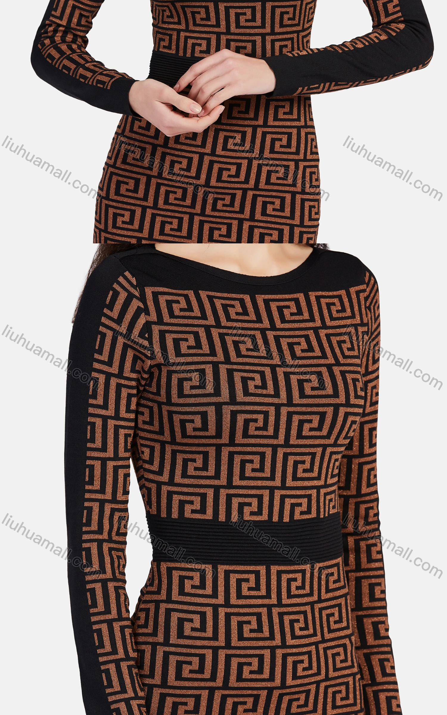 Wholesale Women's Business Crew Neck Long Sleeve Peplum Greek Key Midi Dress 1201# - Liuhuamall