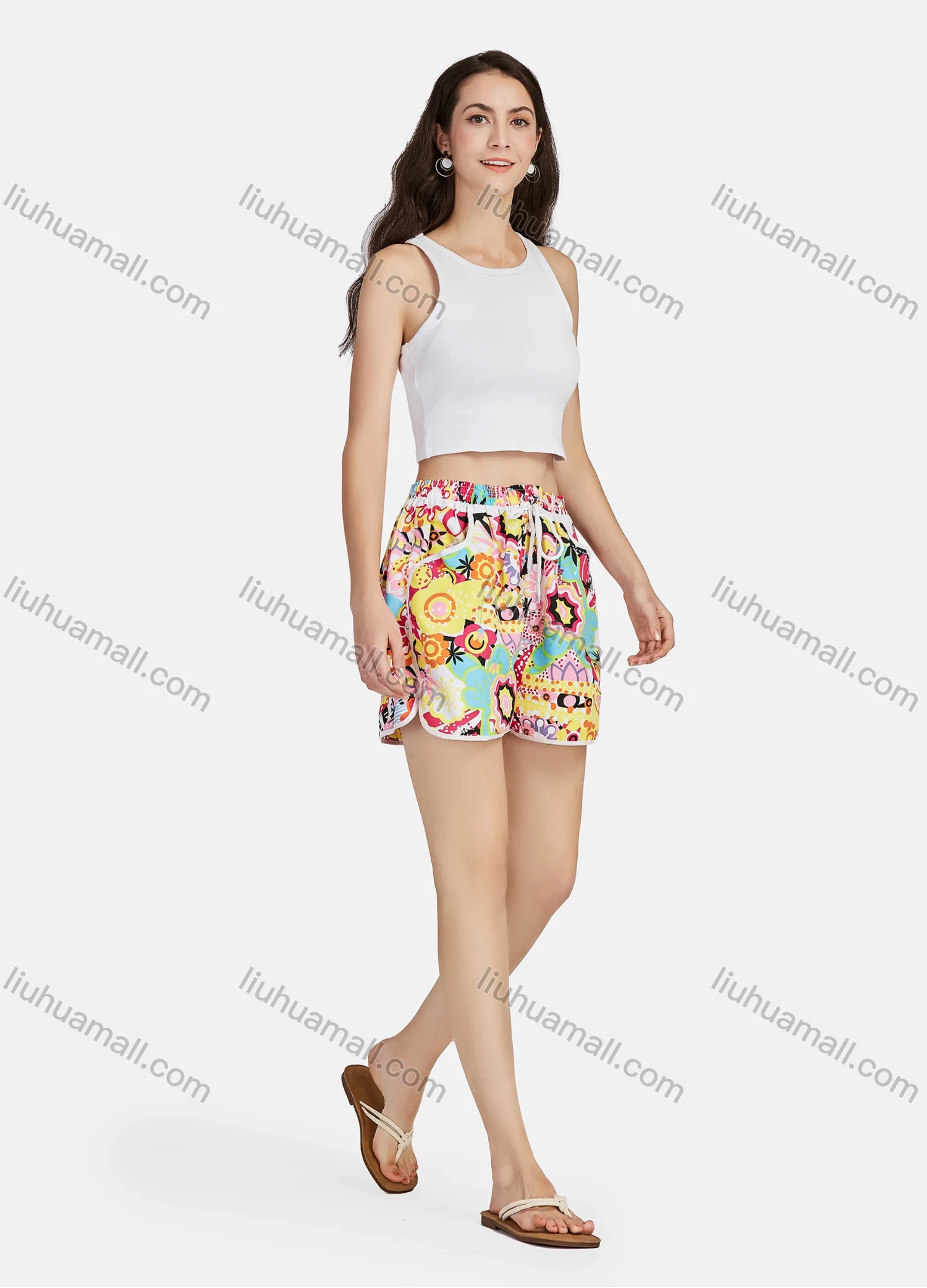 Wholesale Women's Casual Allover Print Vacation Adjustable Drawstring Swim Shorts With Pockets - Liuhuamall