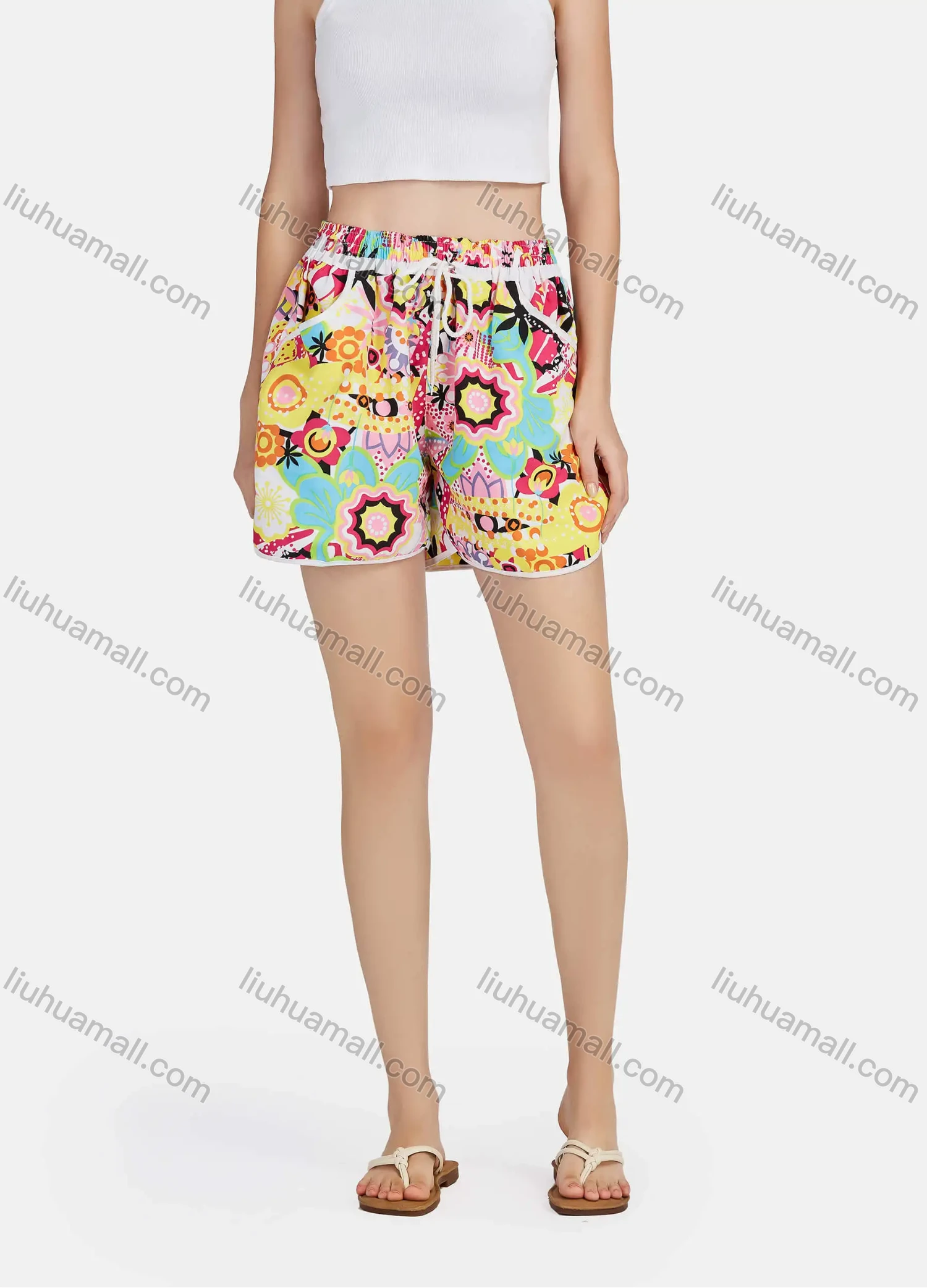 Wholesale Women's Casual Allover Print Vacation Adjustable Drawstring Swim Shorts With Pockets - Liuhuamall