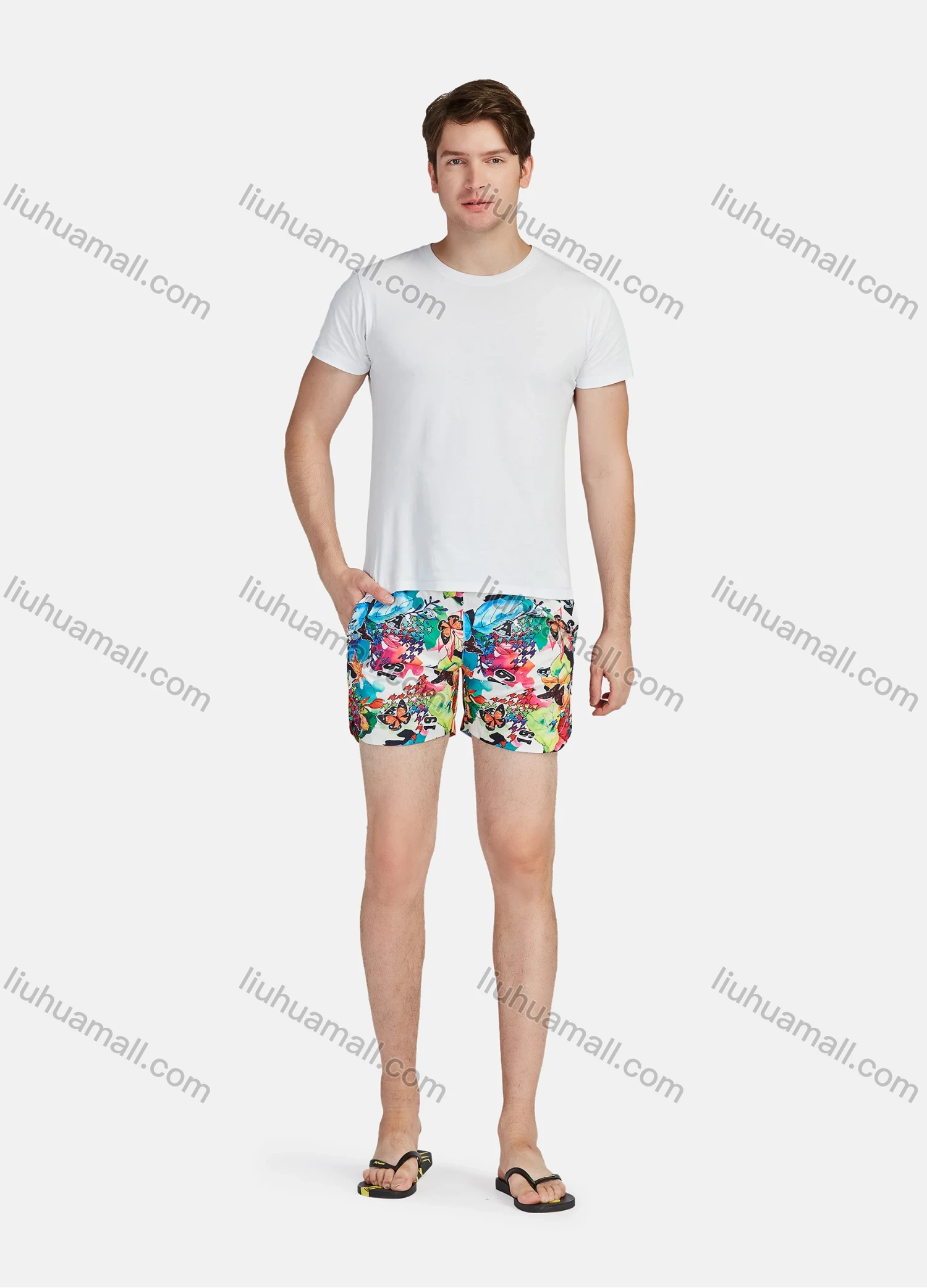 Wholesale Men's Casual Vacation Cotton Allover Print Elastic Waist Swim Shorts - Liuhuamall