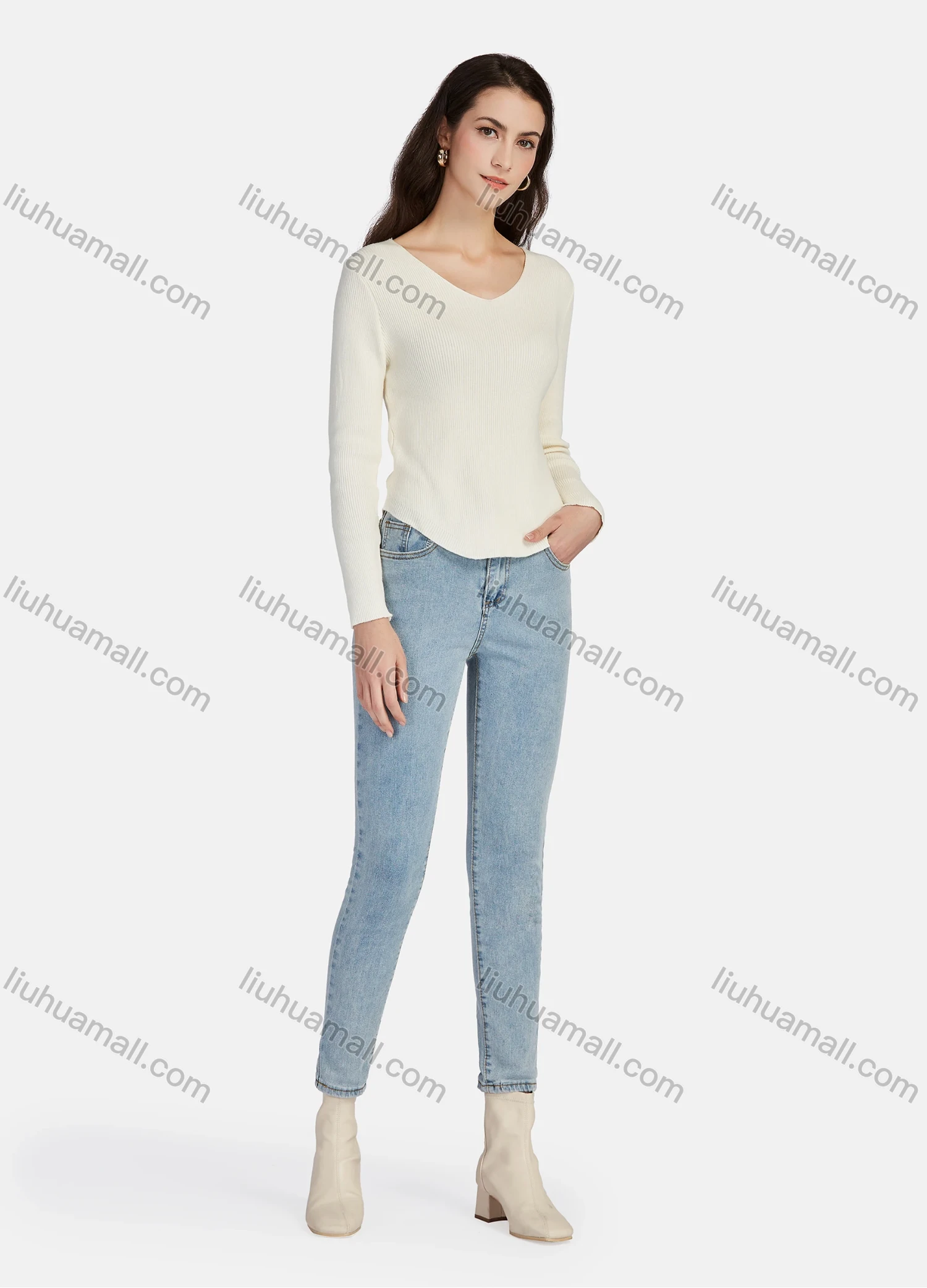 Wholesale Women's Casual V Neck Long Sleeve Ribbed Knit Top 2 Piece Set 1202# - Liuhuamall