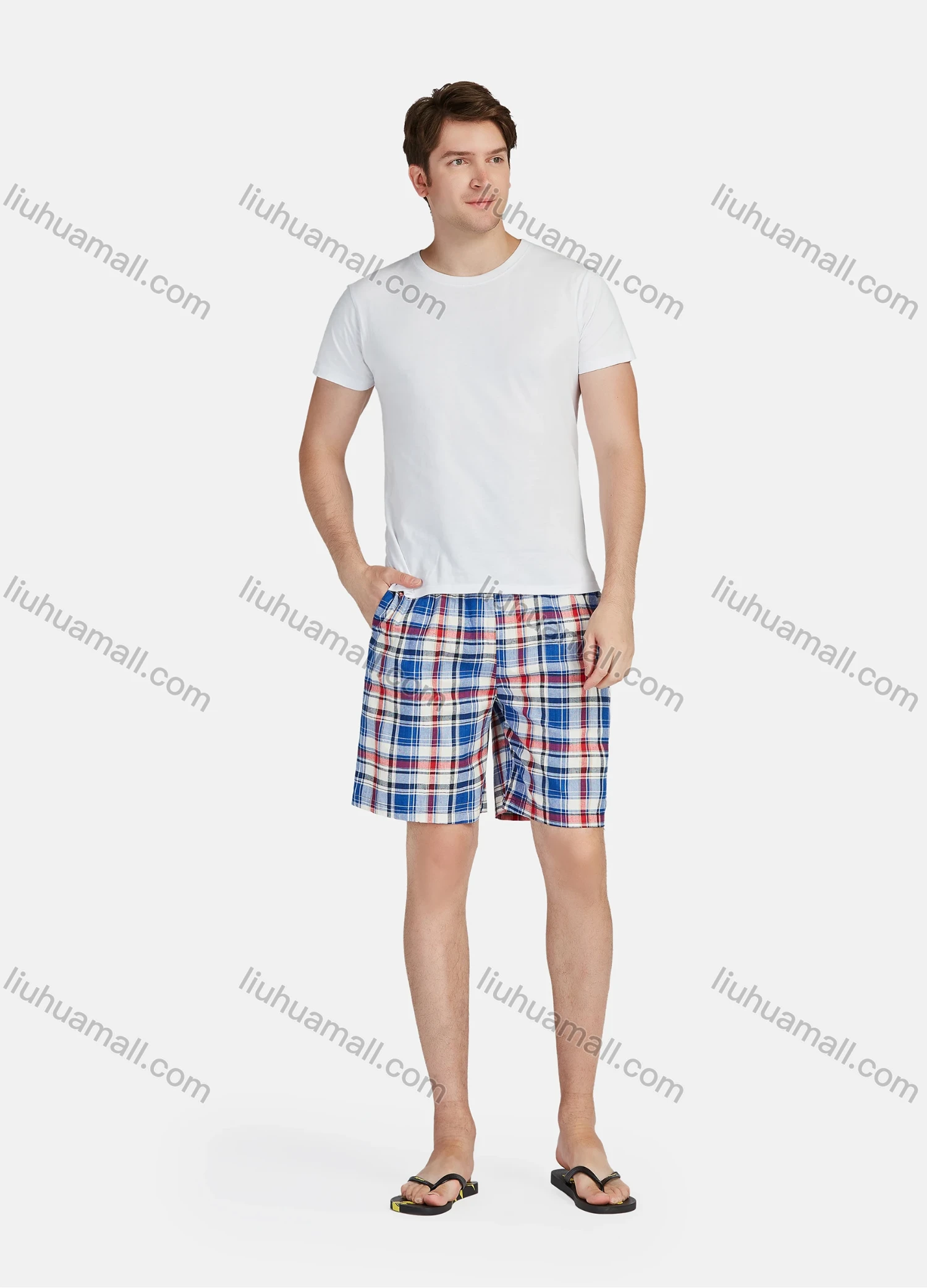 Wholesale Men's Casual Vacation Cotton Plaid Print Elastic Waist Swim Shorts - Liuhuamall