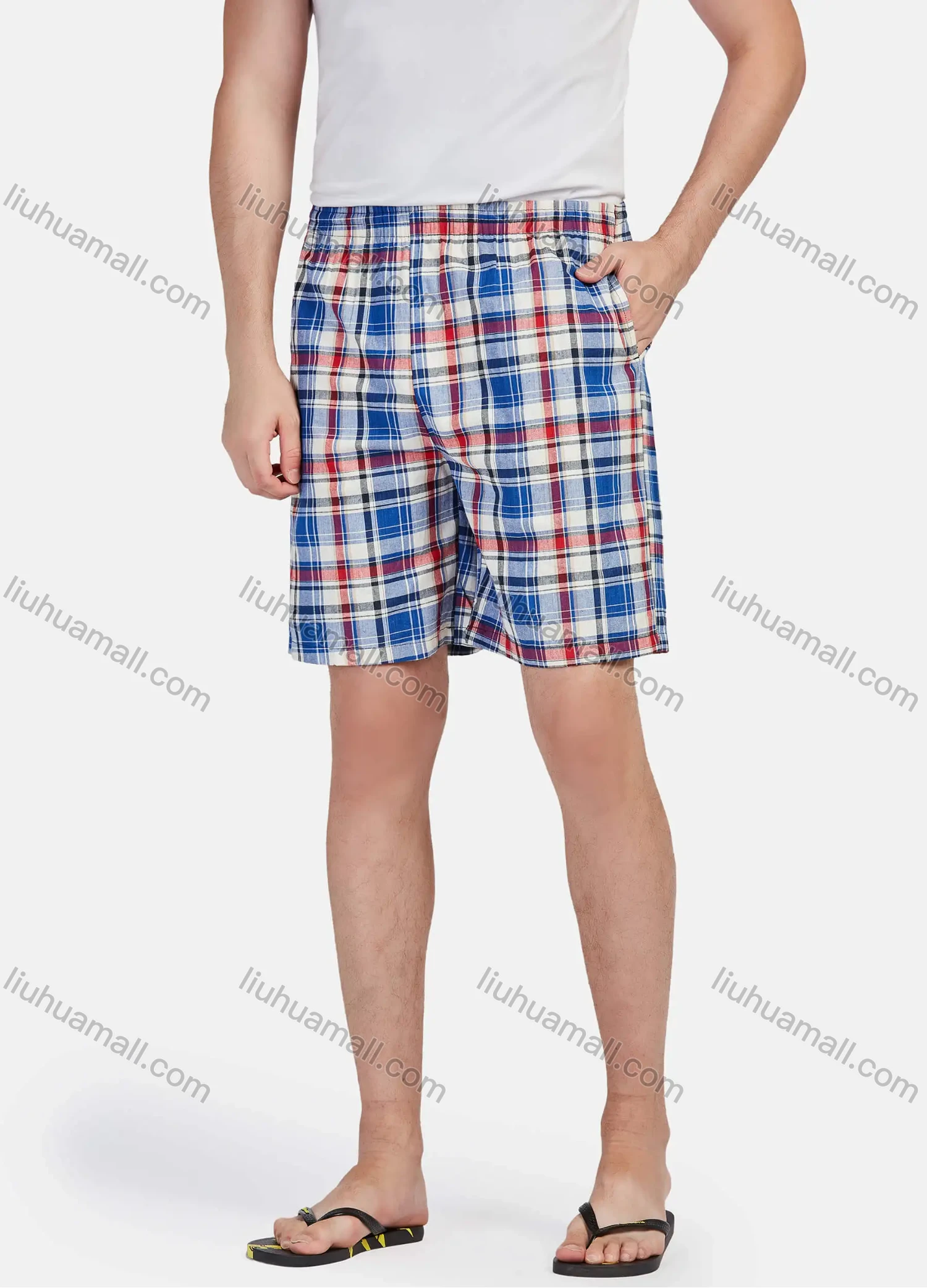 Wholesale Men's Casual Vacation Cotton Plaid Print Elastic Waist Swim Shorts - Liuhuamall