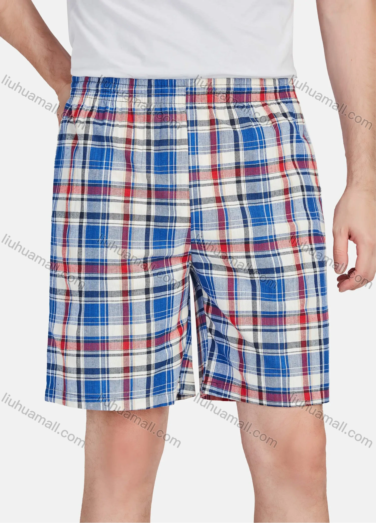 Wholesale Men's Casual Vacation Cotton Plaid Print Elastic Waist Swim Shorts - Liuhuamall