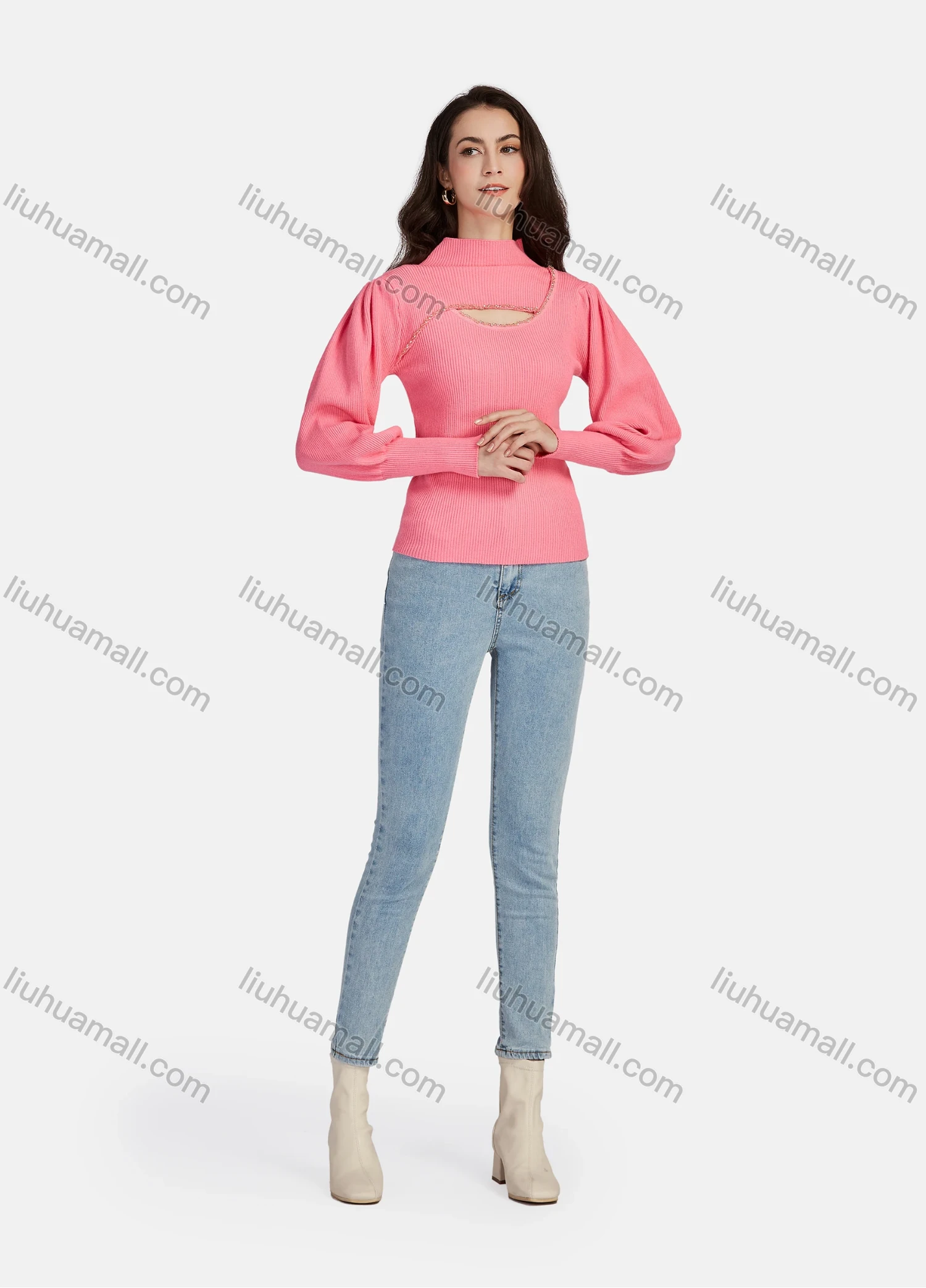 Wholesale Women's Casual Mock Neck Long Sleeve Cut Out Ribbed Knit Sweater 1203# - Liuhuamall