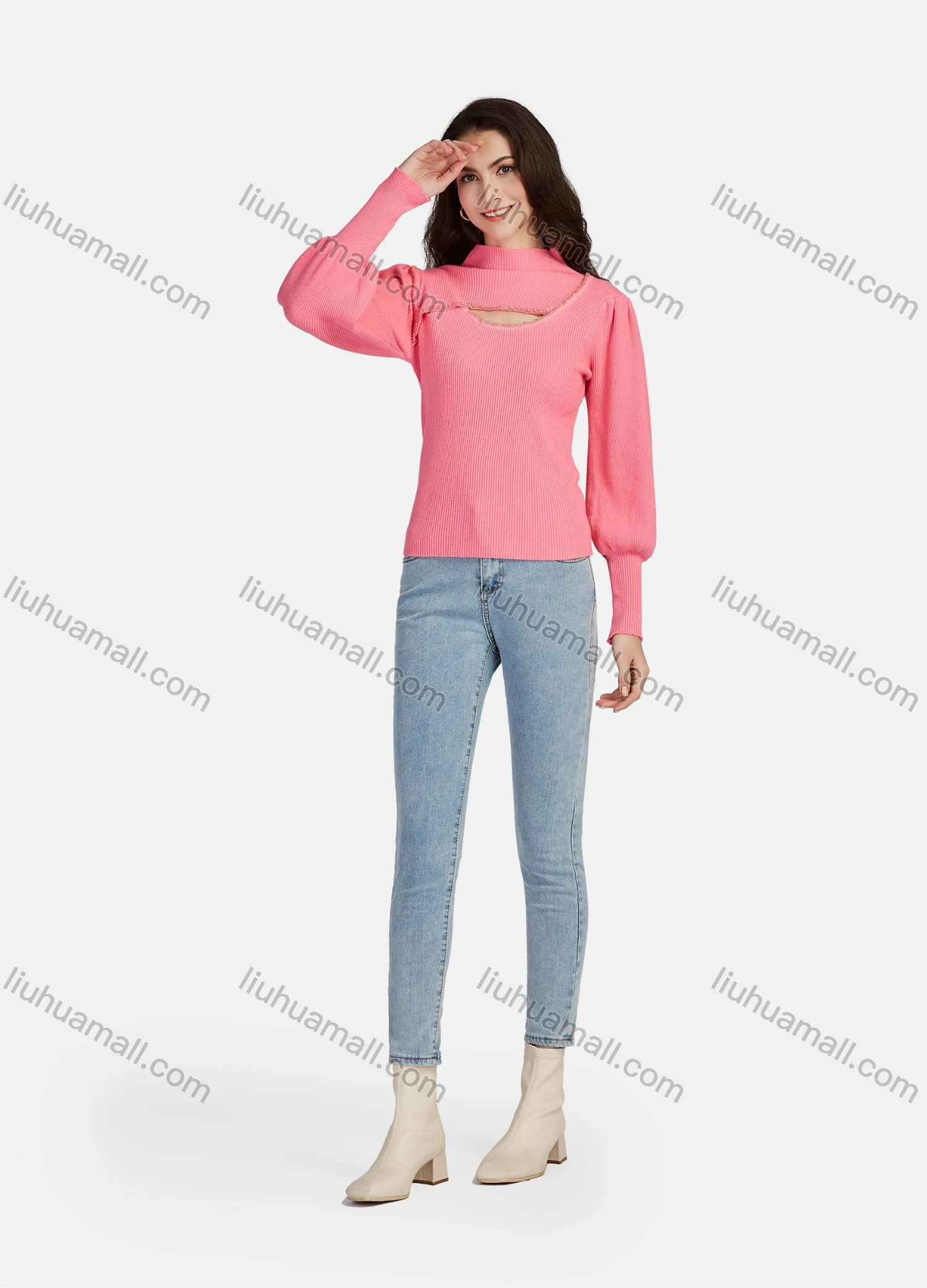 Wholesale Women's Casual Mock Neck Long Sleeve Cut Out Ribbed Knit Sweater 1203# - Liuhuamall