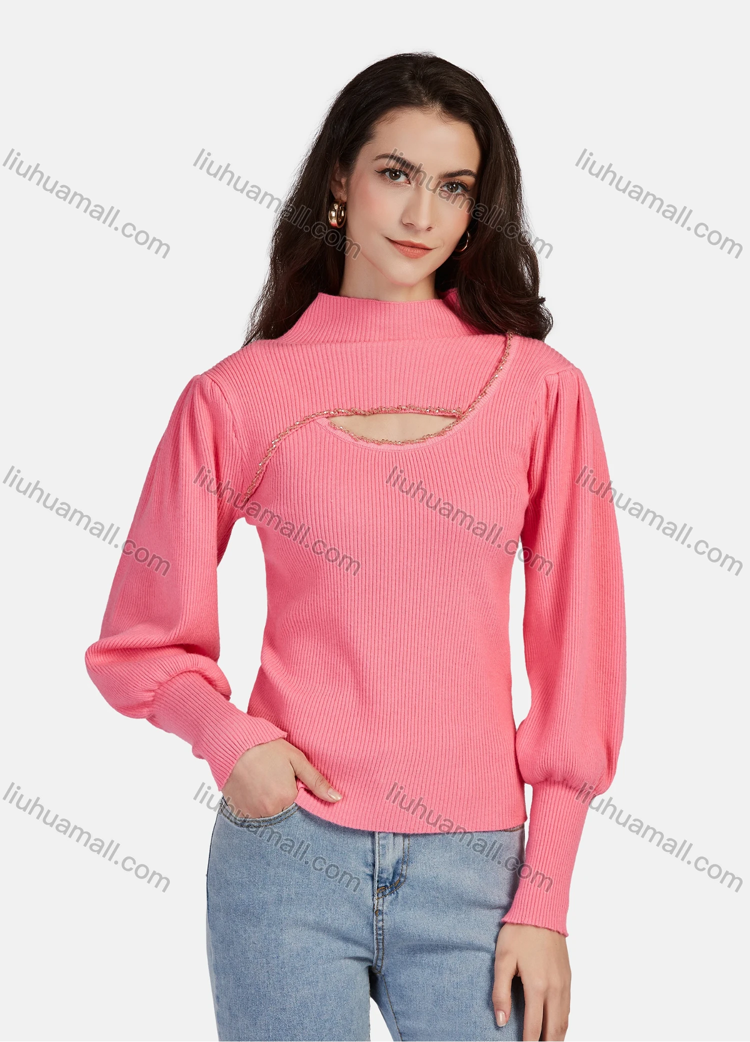 Wholesale Women's Casual Mock Neck Long Sleeve Cut Out Ribbed Knit Sweater 1203# - Liuhuamall