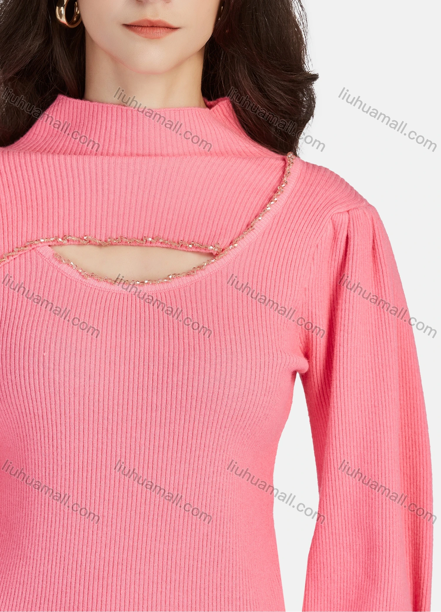 Wholesale Women's Casual Mock Neck Long Sleeve Cut Out Ribbed Knit Sweater 1203# - Liuhuamall