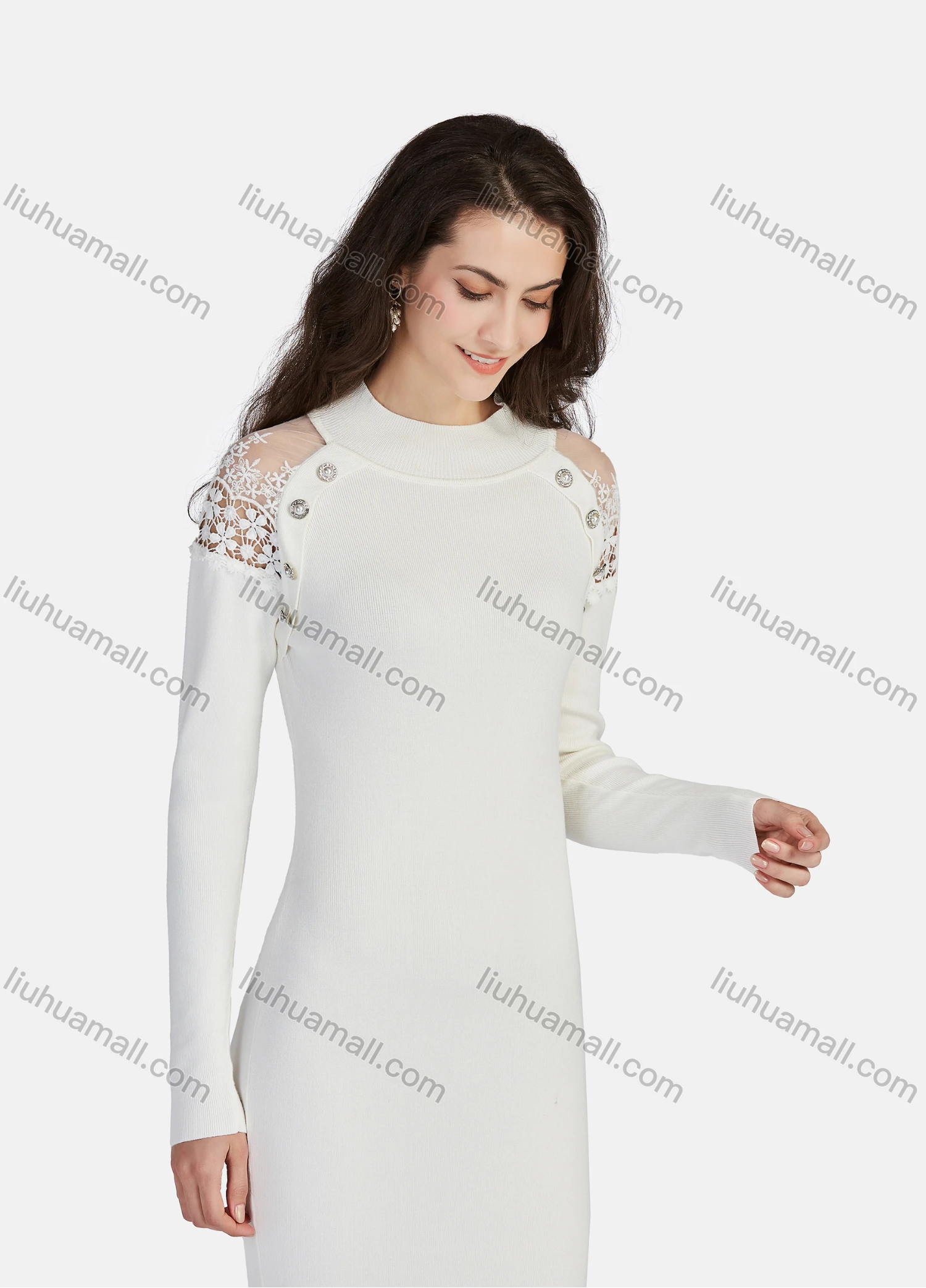 Wholesale Women's Business Crew Neck Guipure Lace Button Decor Short Dress 1204# - Liuhuamall