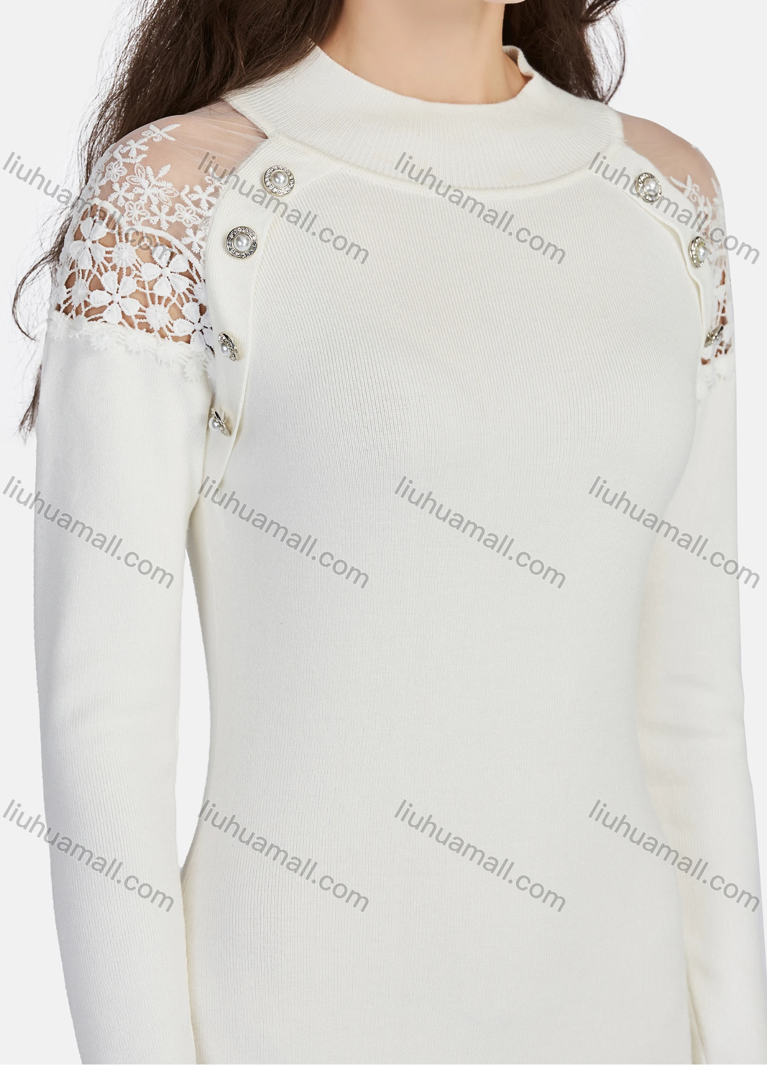 Wholesale Women's Business Crew Neck Guipure Lace Button Decor Short Dress 1204# - Liuhuamall