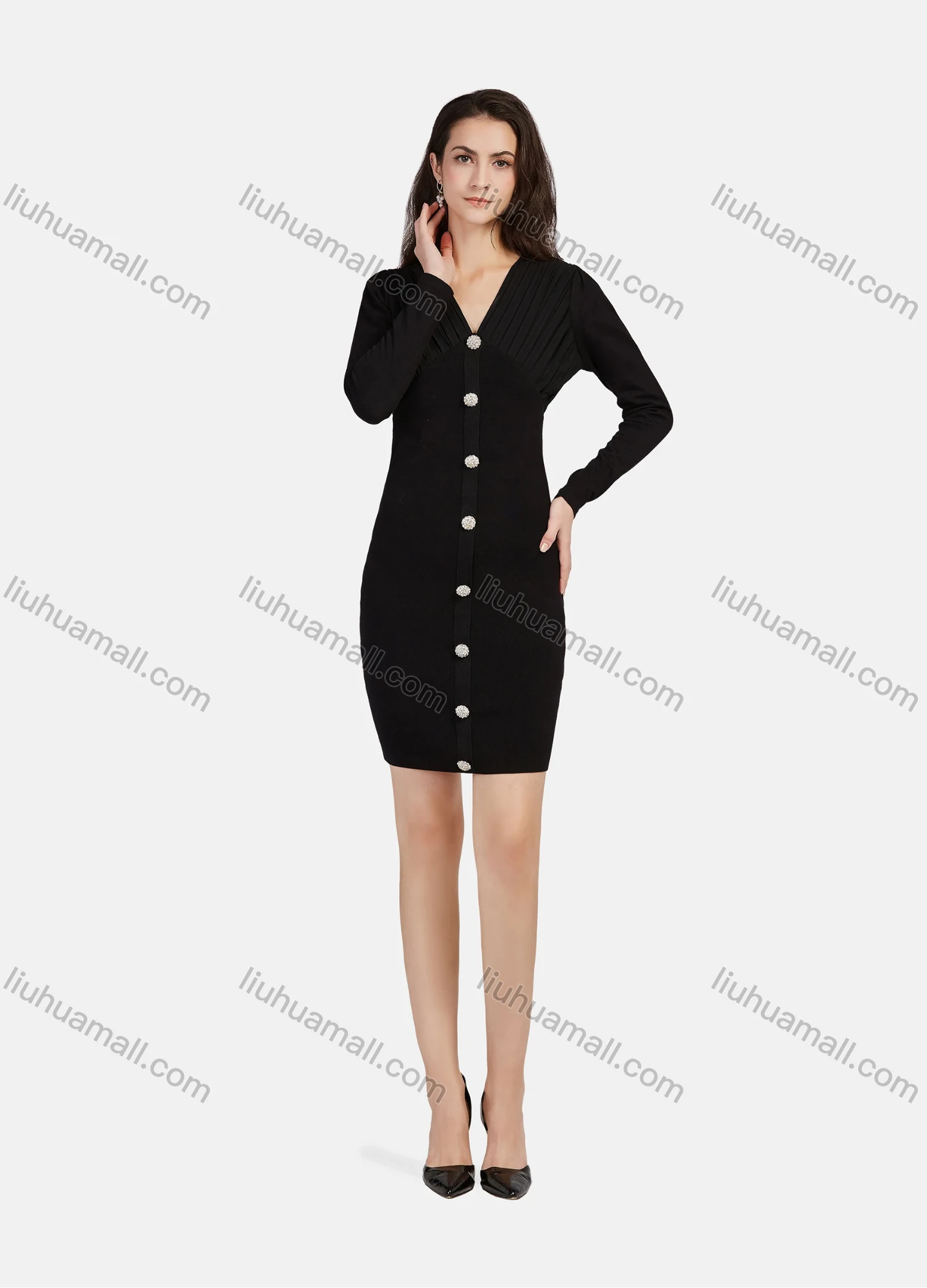 Wholesale Women's Casual V Neck Long Sleeve Ruched Button Decor Short Chiffon Dress 1205# - Liuhuamall