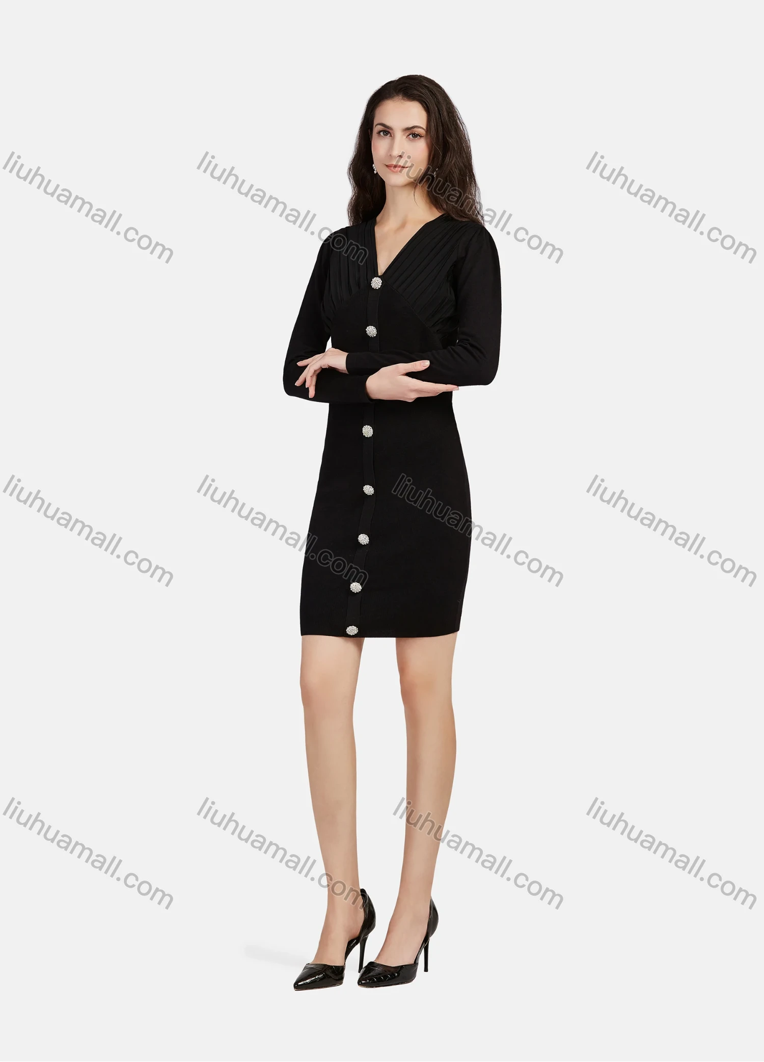 Wholesale Women's Casual V Neck Long Sleeve Ruched Button Decor Short Chiffon Dress 1205# - Liuhuamall