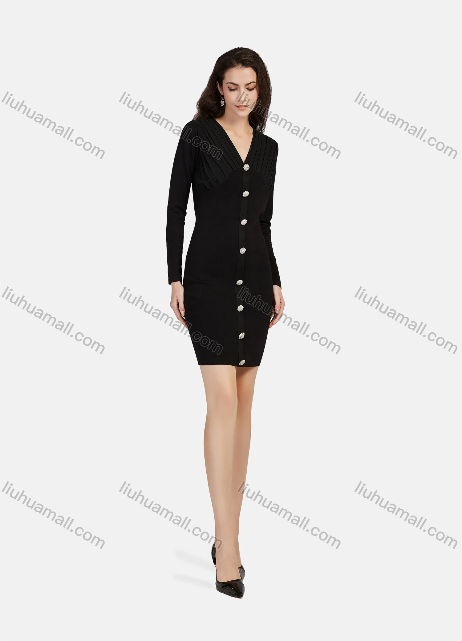 Wholesale Women's Casual V Neck Long Sleeve Ruched Button Decor Short Chiffon Dress 1205# - Liuhuamall
