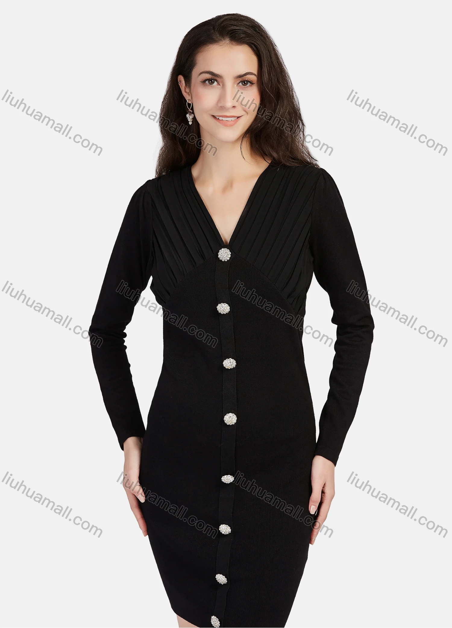 Wholesale Women's Casual V Neck Long Sleeve Ruched Button Decor Short Chiffon Dress 1205# - Liuhuamall