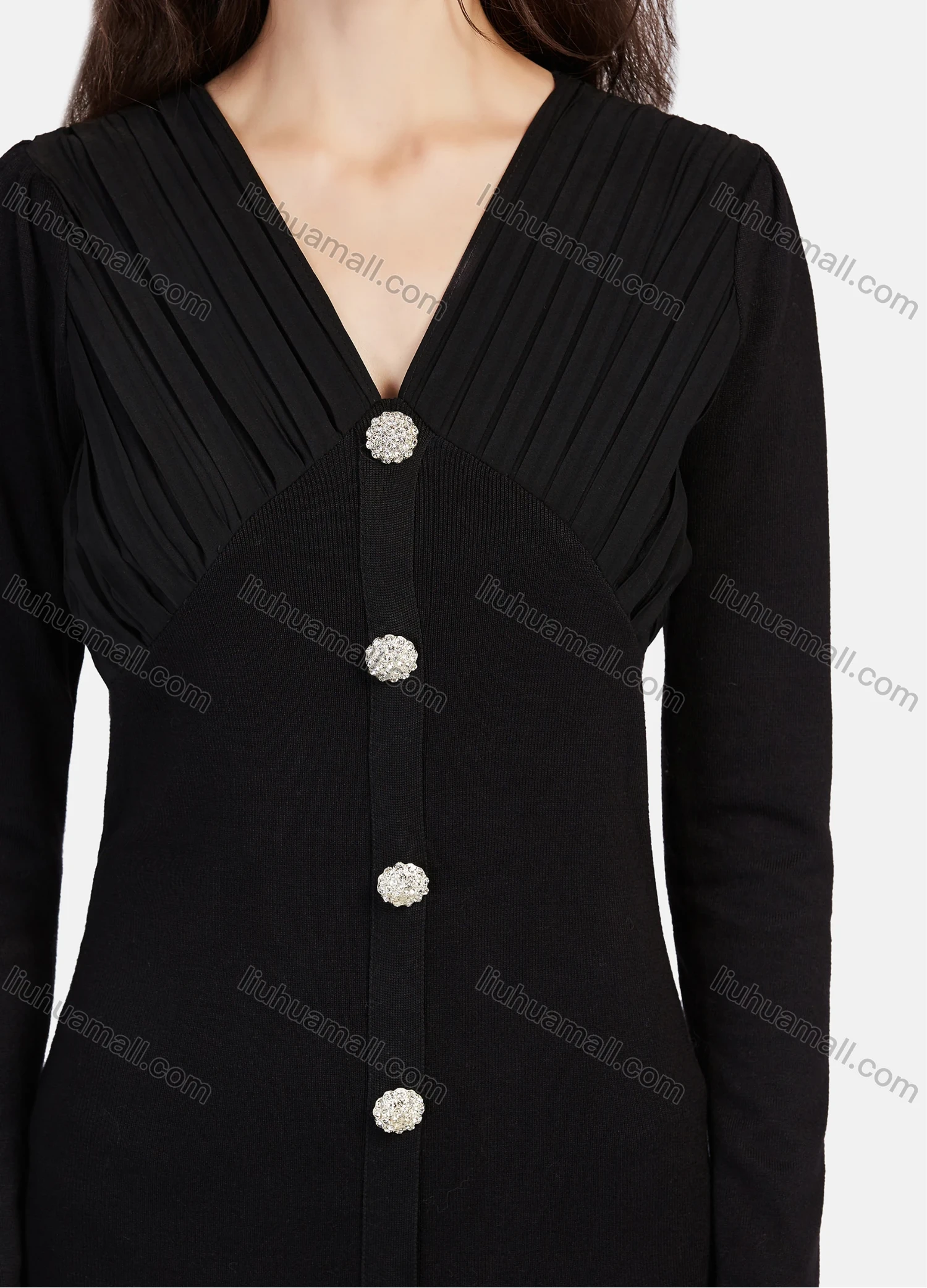 Wholesale Women's Casual V Neck Long Sleeve Ruched Button Decor Short Chiffon Dress 1205# - Liuhuamall