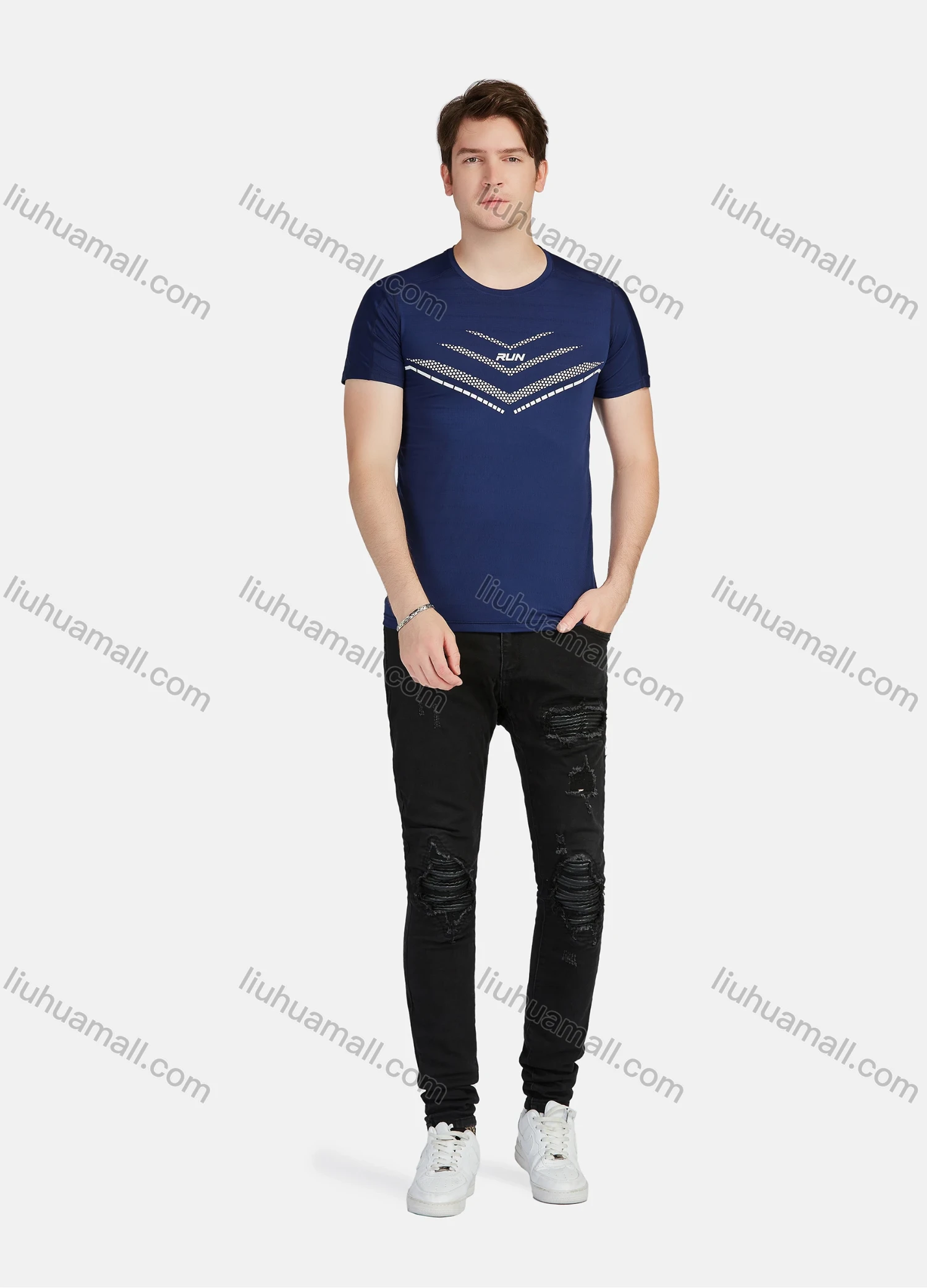 Wholesale Men's Athletic Sporty Breathable Striped Round Neck Short Sleeve Tee 219# - Liuhuamall