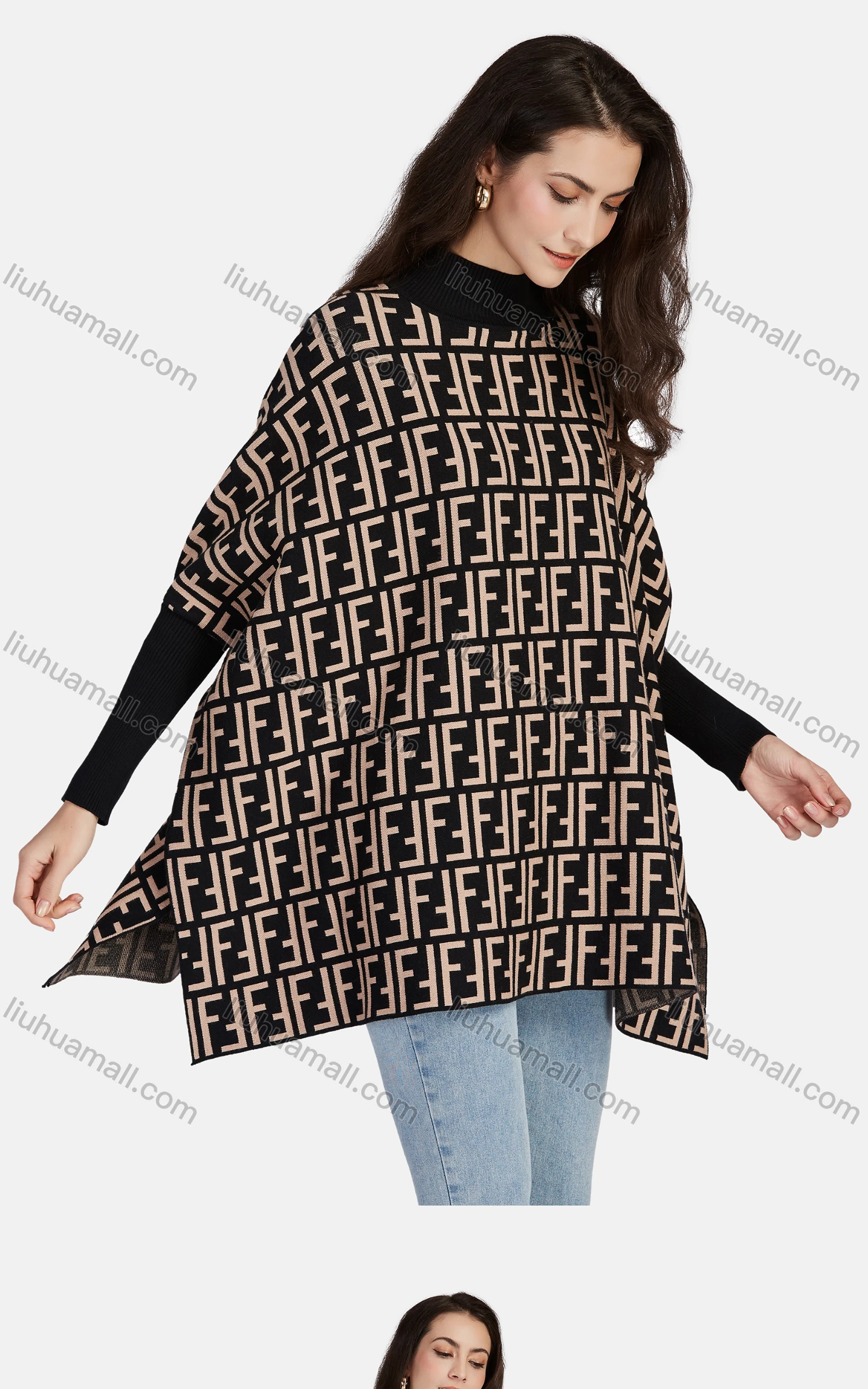 Wholesale Women's Casual High Neck Split Side Loose Fit Allover Print Cape 1206# - Liuhuamall