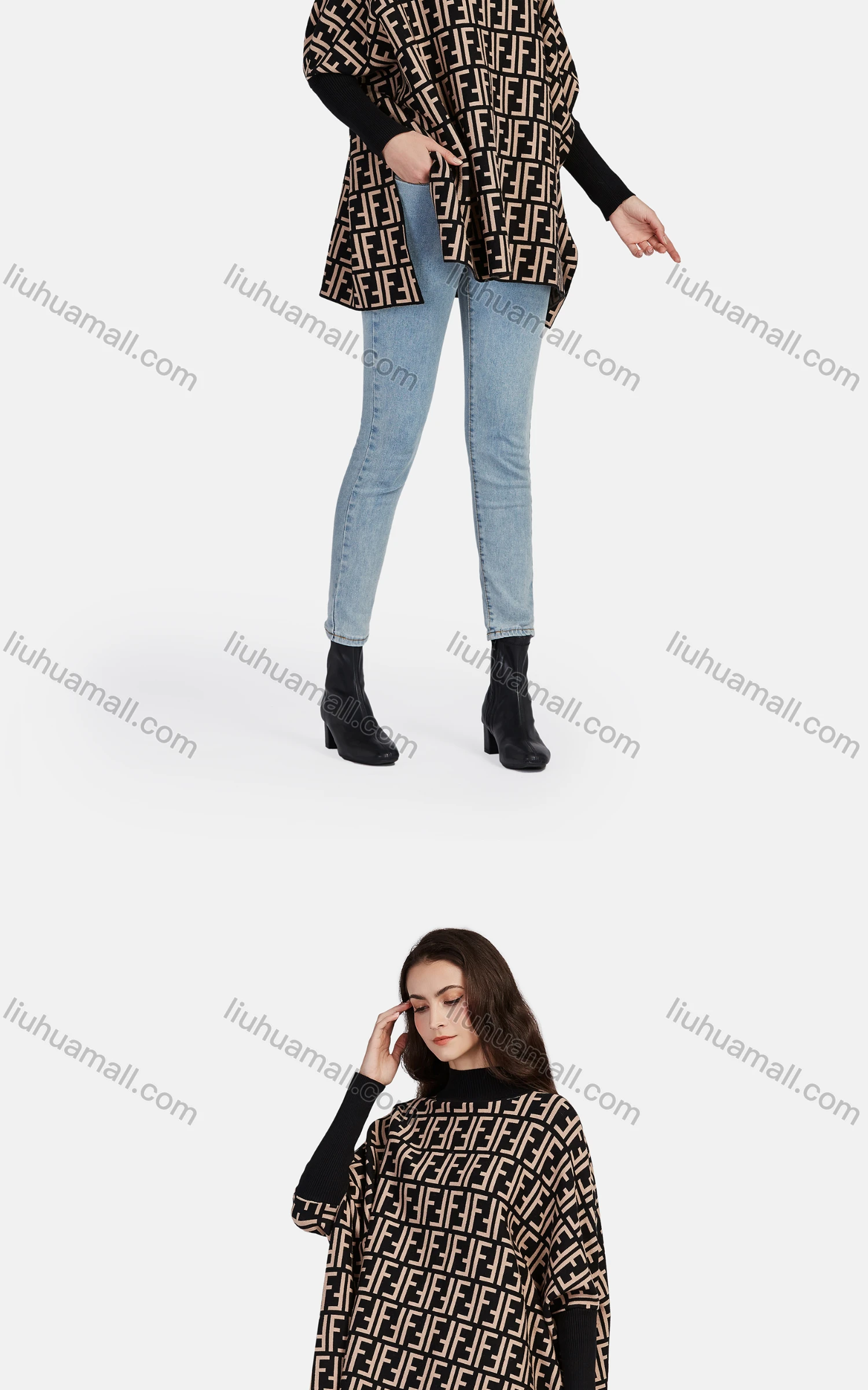 Wholesale Women's Casual High Neck Split Side Loose Fit Allover Print Cape 1206# - Liuhuamall