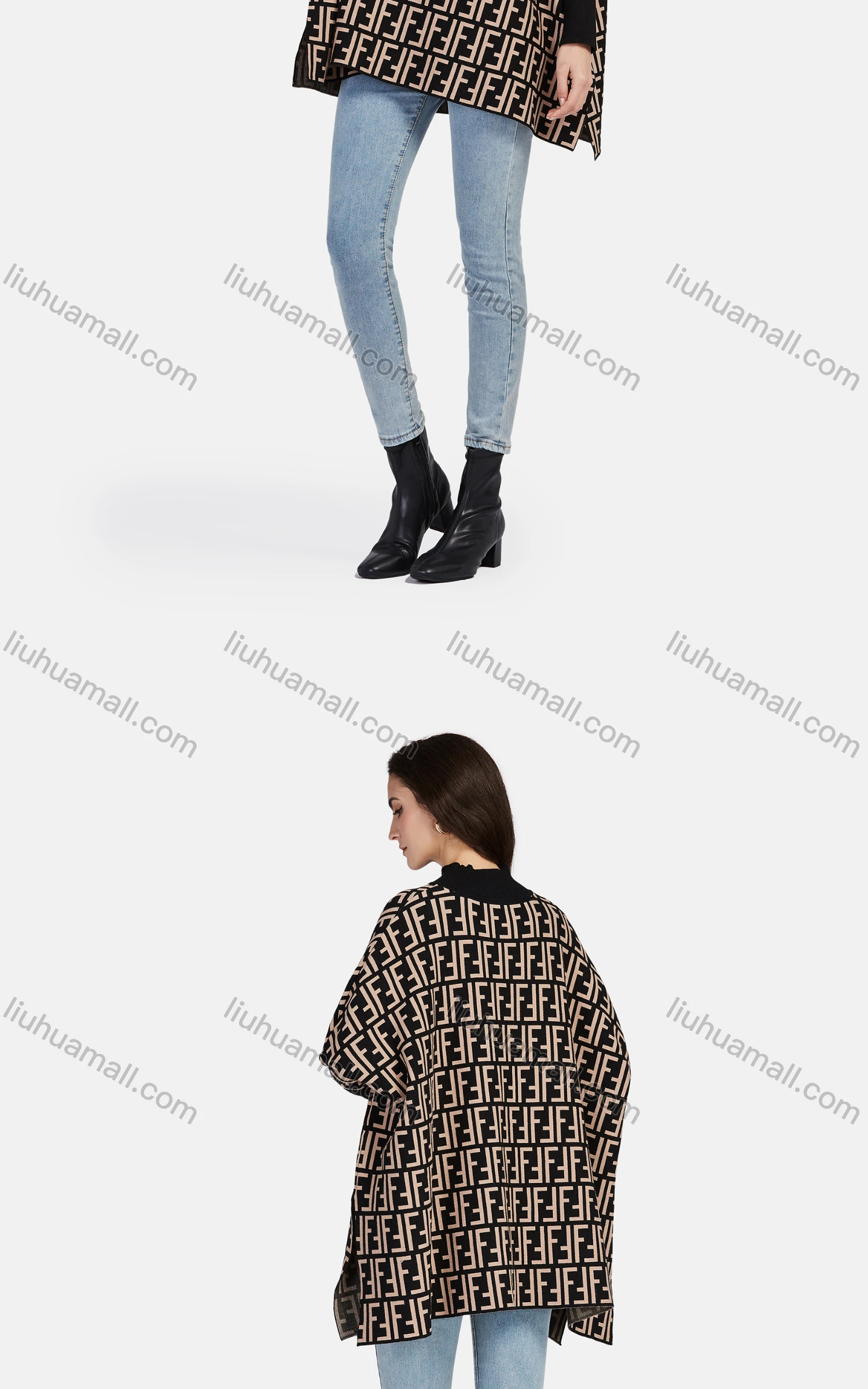 Wholesale Women's Casual High Neck Split Side Loose Fit Allover Print Cape 1206# - Liuhuamall