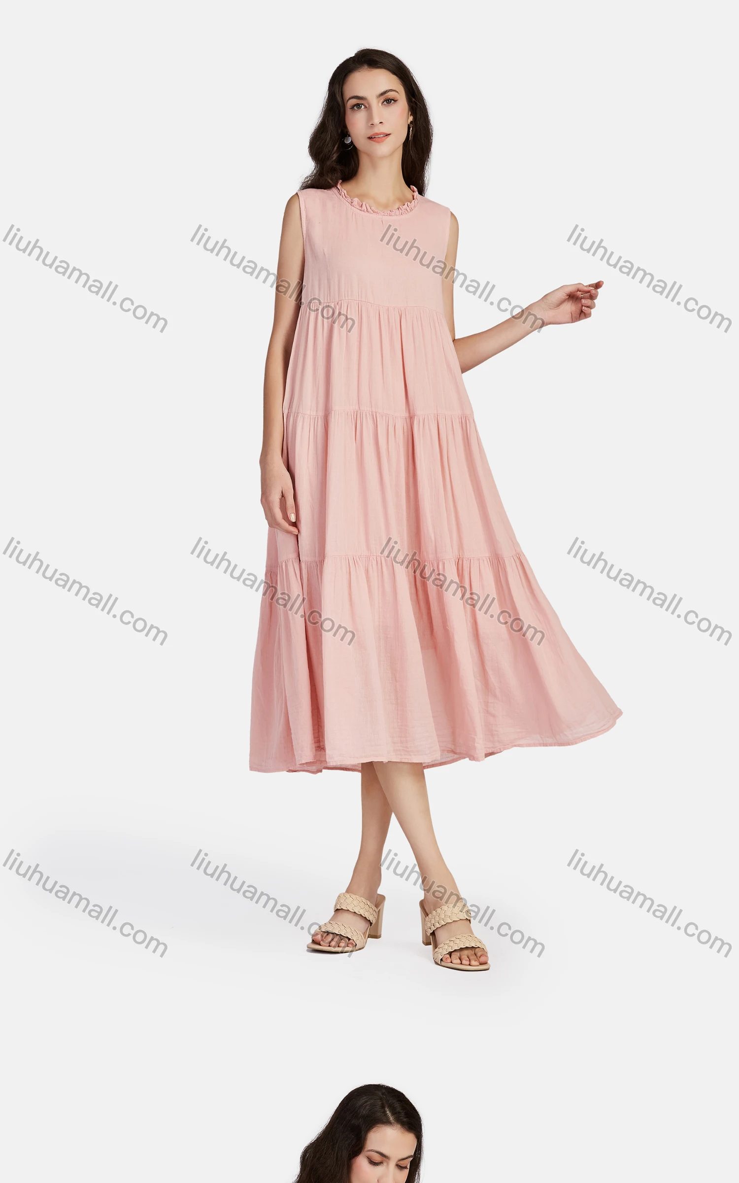 Wholesale Women's Casual Frill Neck Tiered Hem Midi Tank Dress 56252# - Liuhuamall