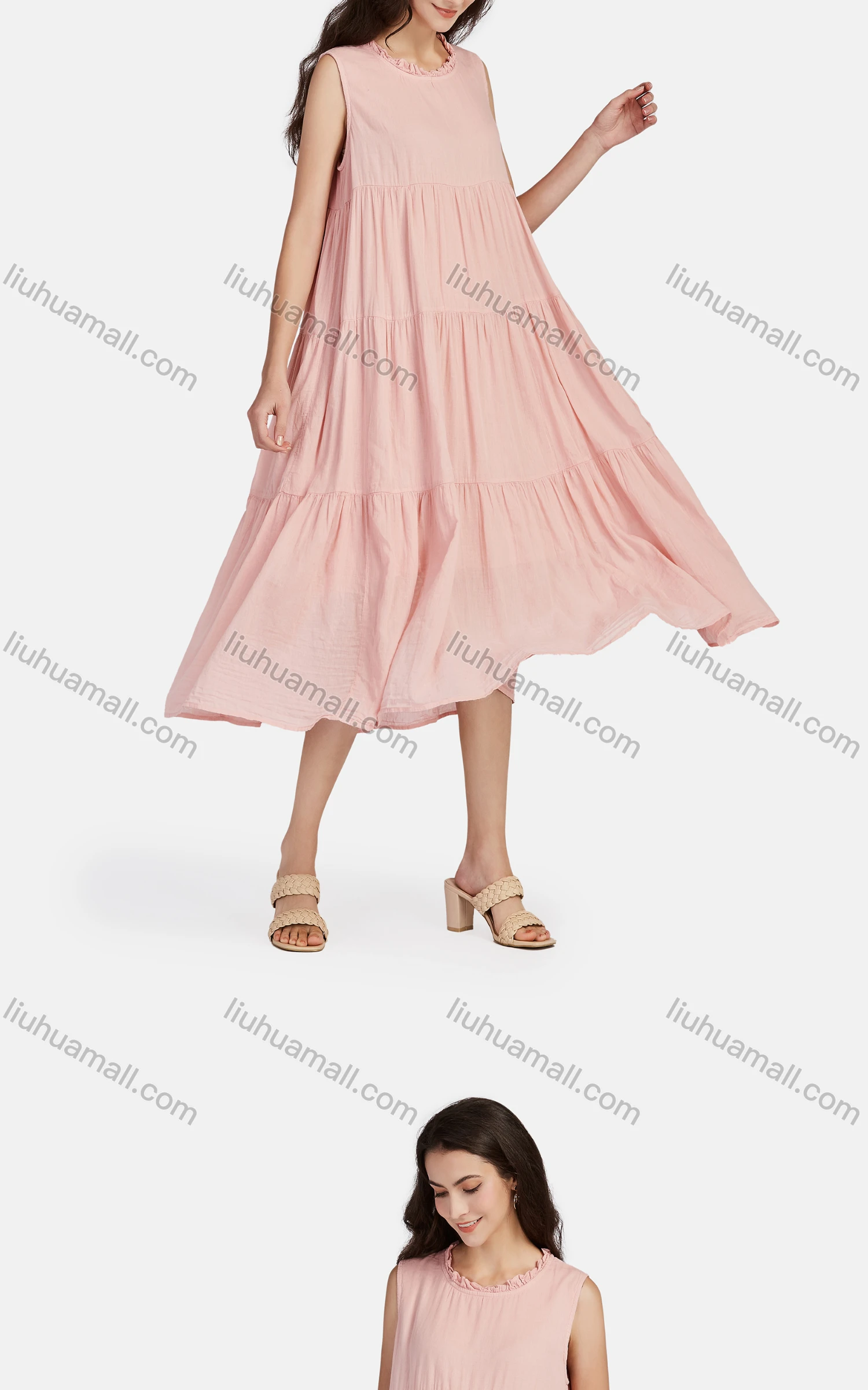 Wholesale Women's Casual Frill Neck Tiered Hem Midi Tank Dress 56252# - Liuhuamall