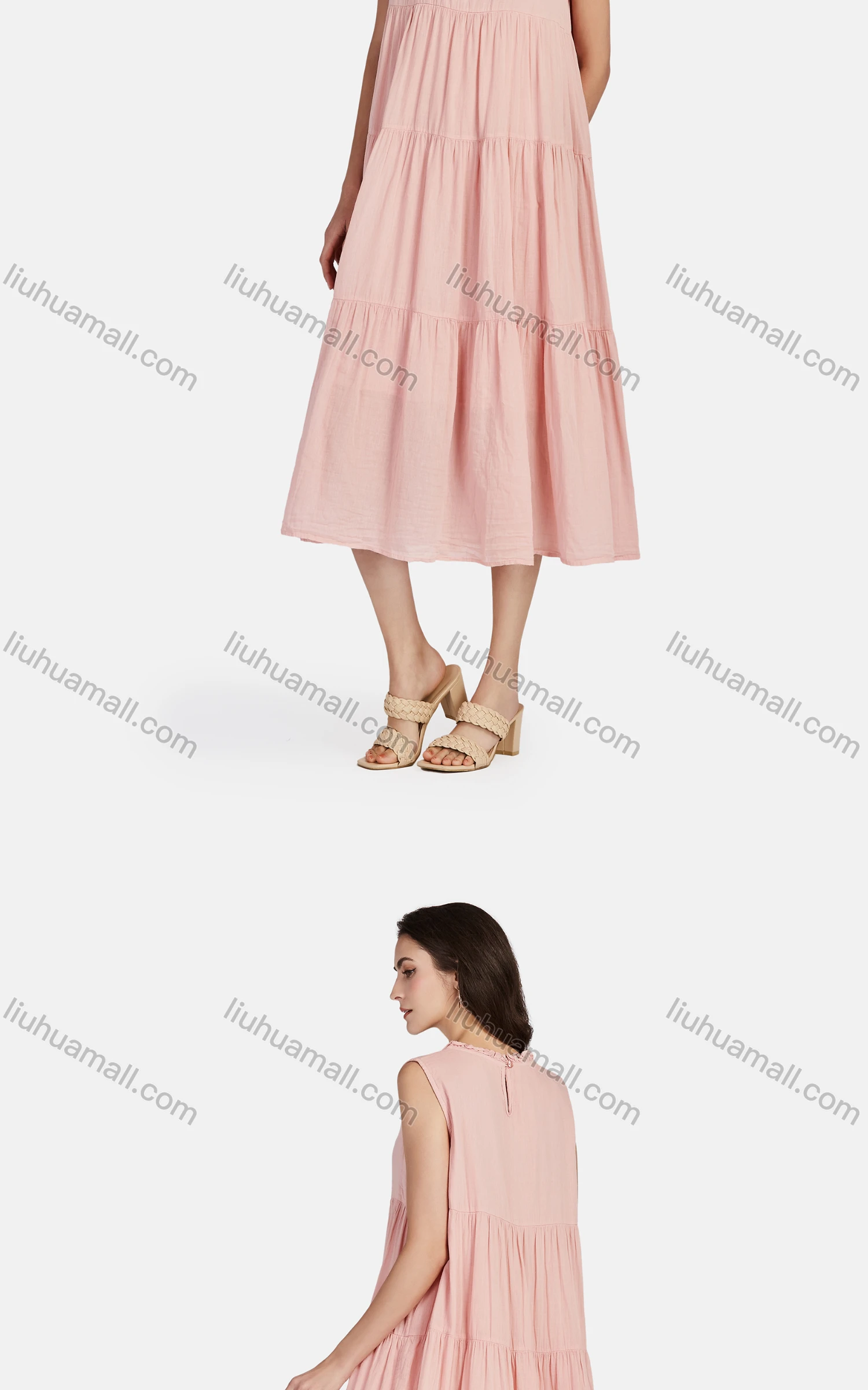 Wholesale Women's Casual Frill Neck Tiered Hem Midi Tank Dress 56252# - Liuhuamall