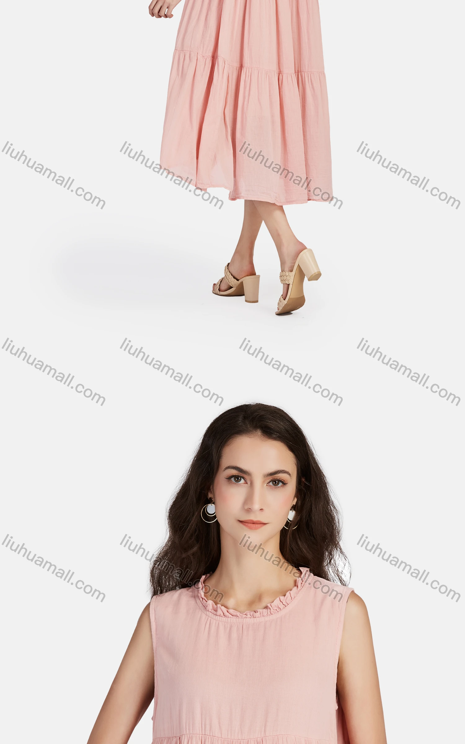 Wholesale Women's Casual Frill Neck Tiered Hem Midi Tank Dress 56252# - Liuhuamall
