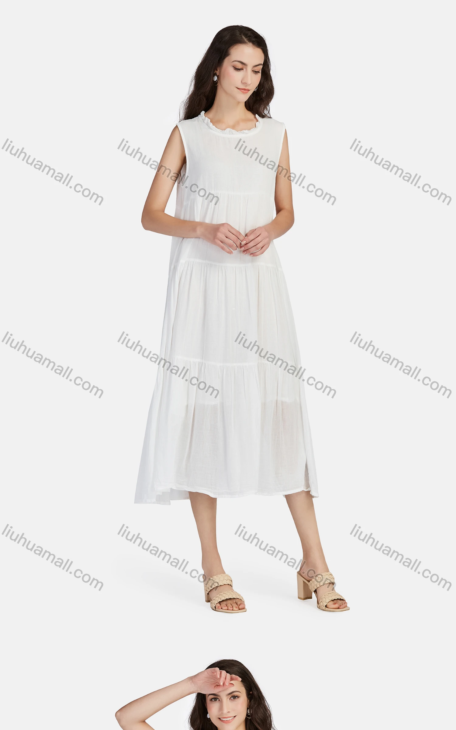 Wholesale Women's Casual Frill Neck Tiered Hem Midi Tank Dress 56252# - Liuhuamall