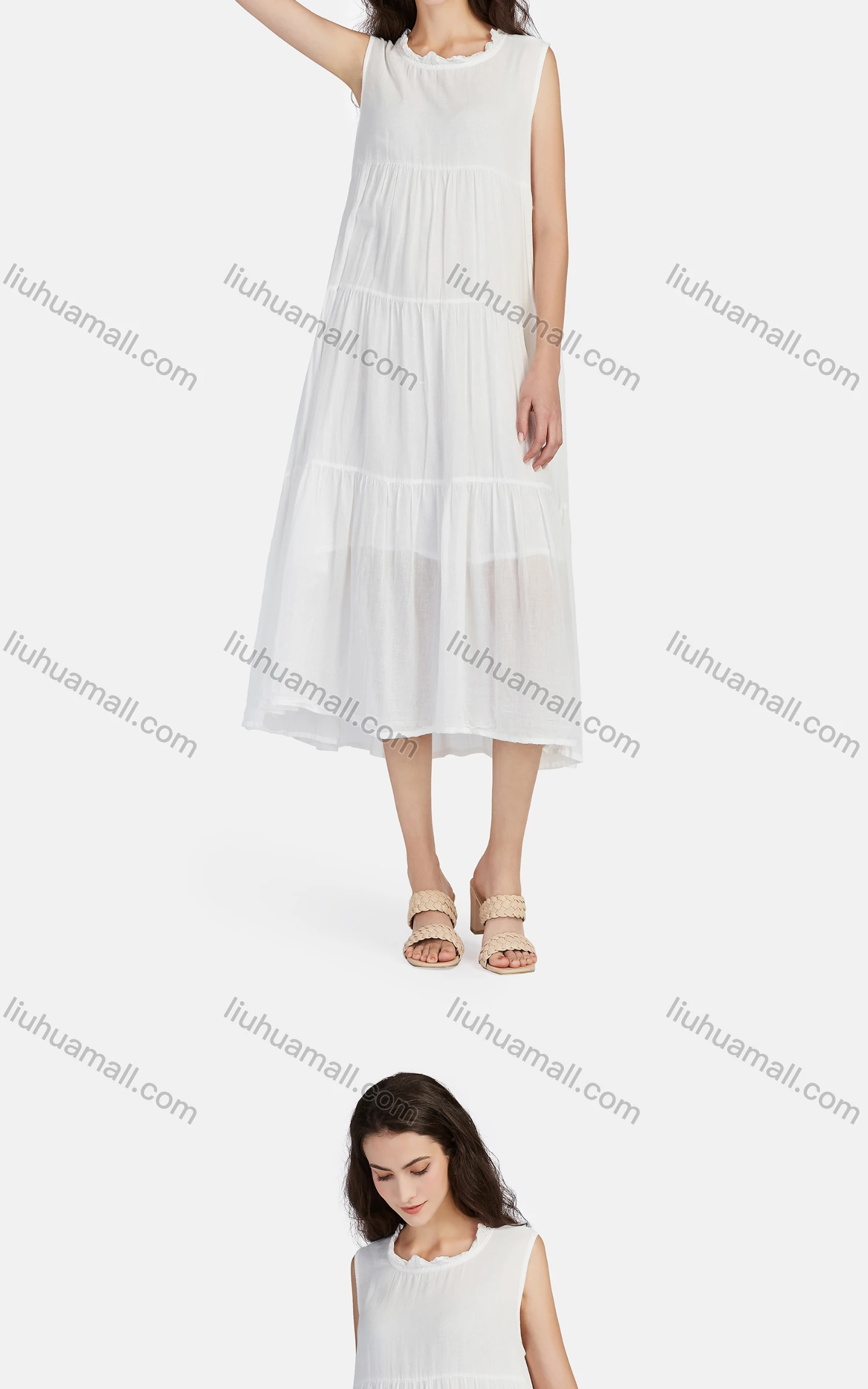 Wholesale Women's Casual Frill Neck Tiered Hem Midi Tank Dress 56252# - Liuhuamall