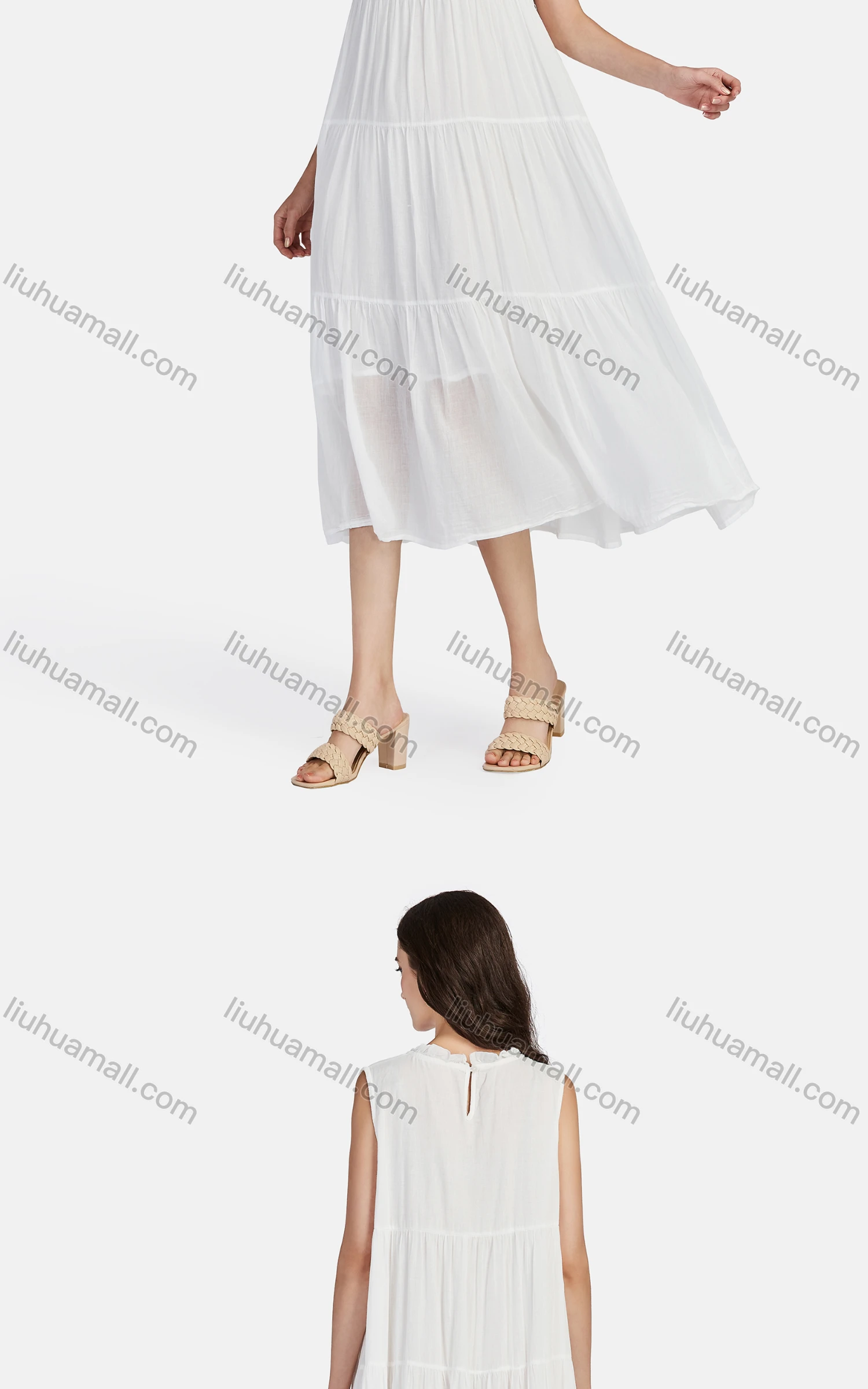Wholesale Women's Casual Frill Neck Tiered Hem Midi Tank Dress 56252# - Liuhuamall