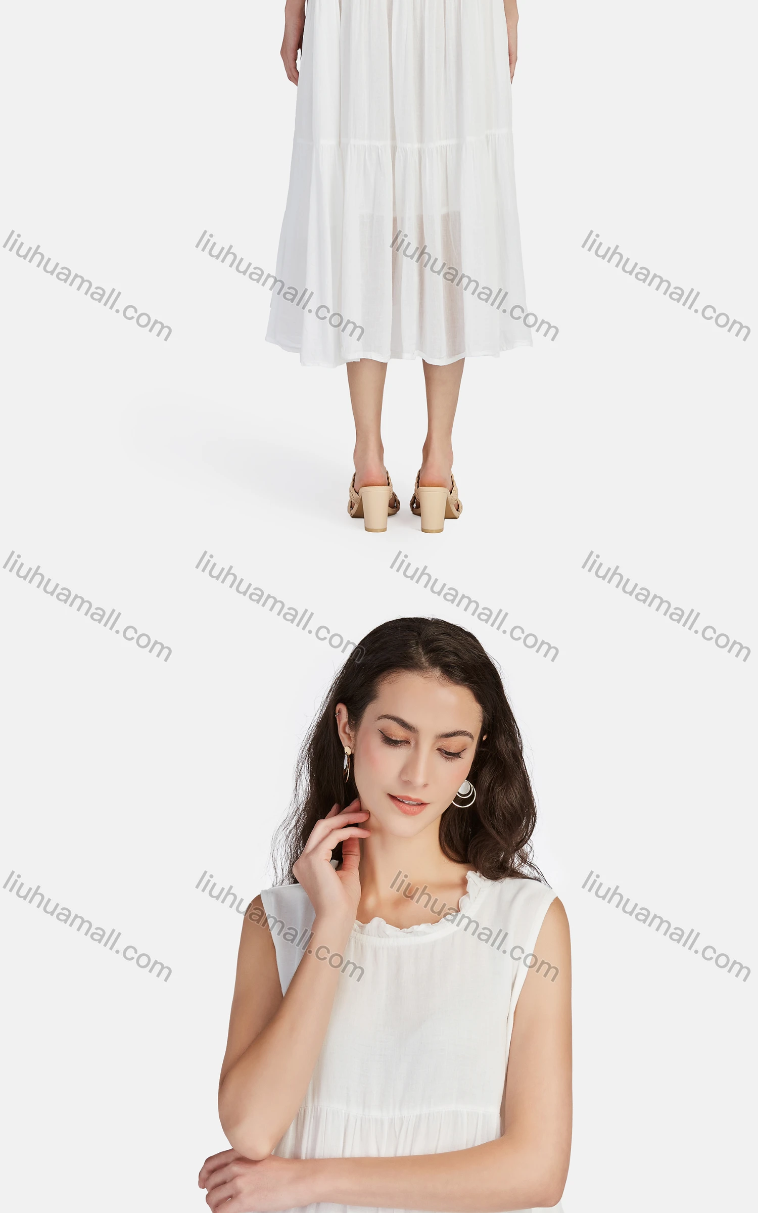 Wholesale Women's Casual Frill Neck Tiered Hem Midi Tank Dress 56252# - Liuhuamall