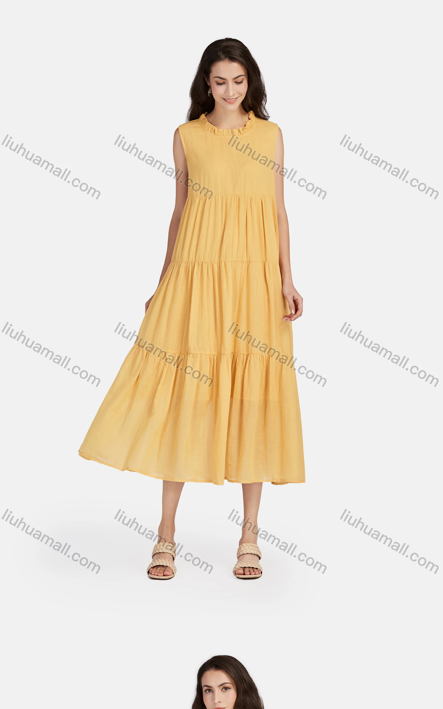 Wholesale Women's Casual Frill Neck Tiered Hem Midi Tank Dress 26252# - Liuhuamall
