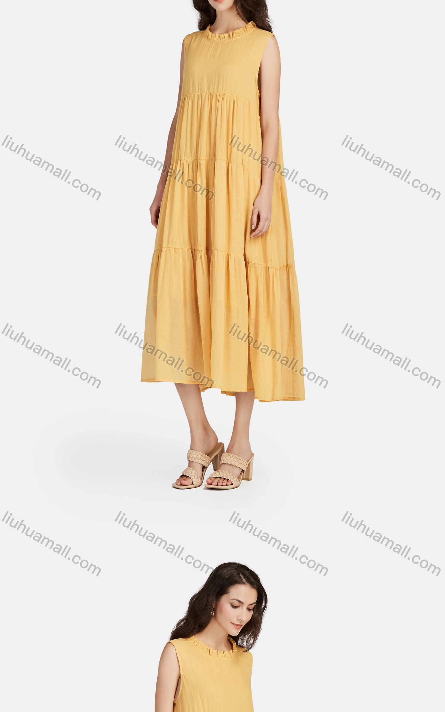 Wholesale Women's Casual Frill Neck Tiered Hem Midi Tank Dress 26252# - Liuhuamall